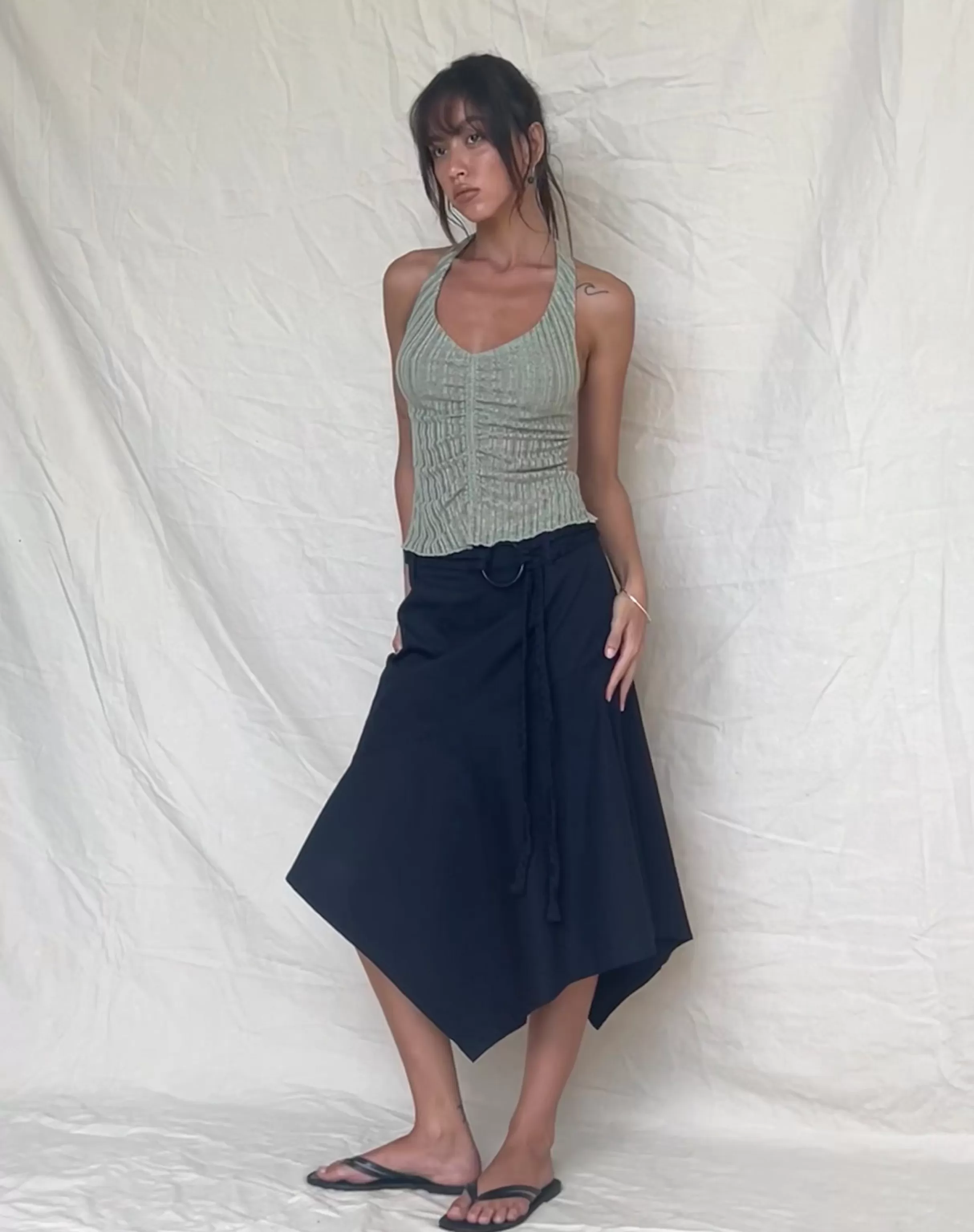 Hot Nejusi Asymmetric Midi Skirt In Black With Braided Belt SALE SKIRTS | MIDI SKIRTS