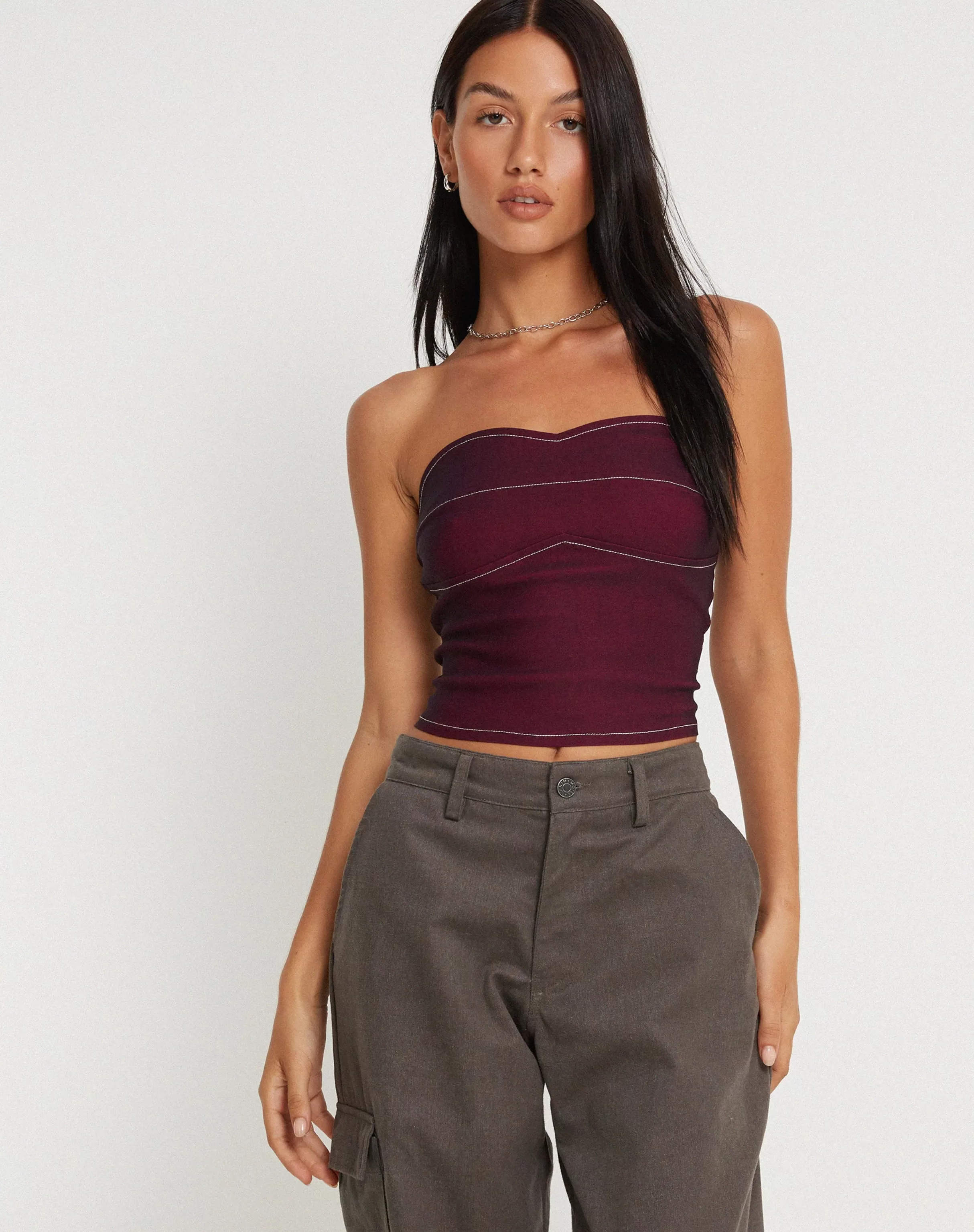 Best Nelly Cropped Corset Top In Burgundy With Ecru Stitch Detail CORSET TOPS | BANDEAU TOPS