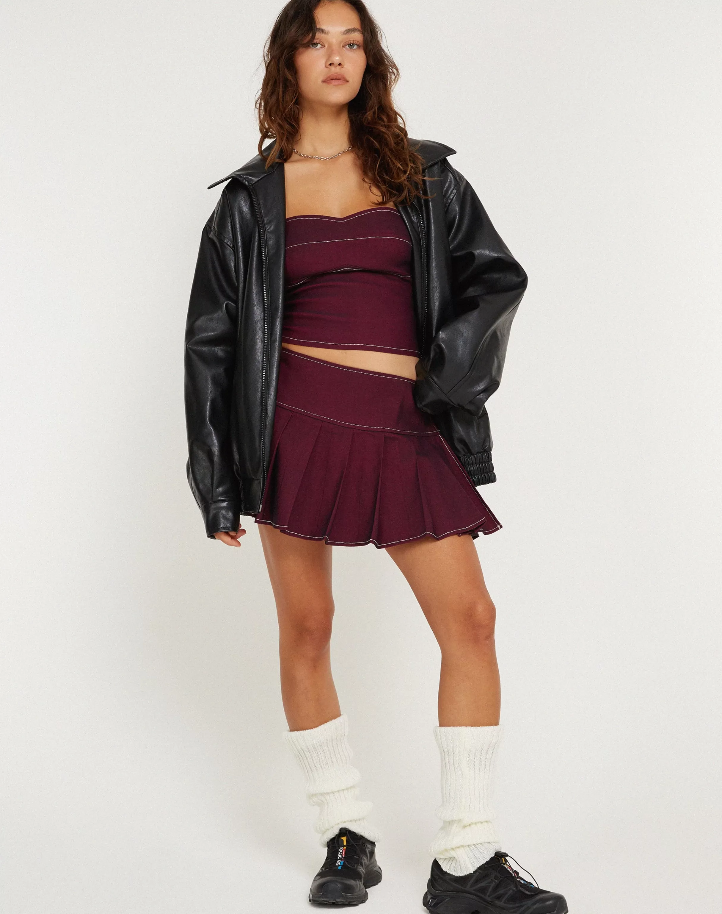 Best Nelly Cropped Corset Top In Burgundy With Ecru Stitch Detail CORSET TOPS | BANDEAU TOPS