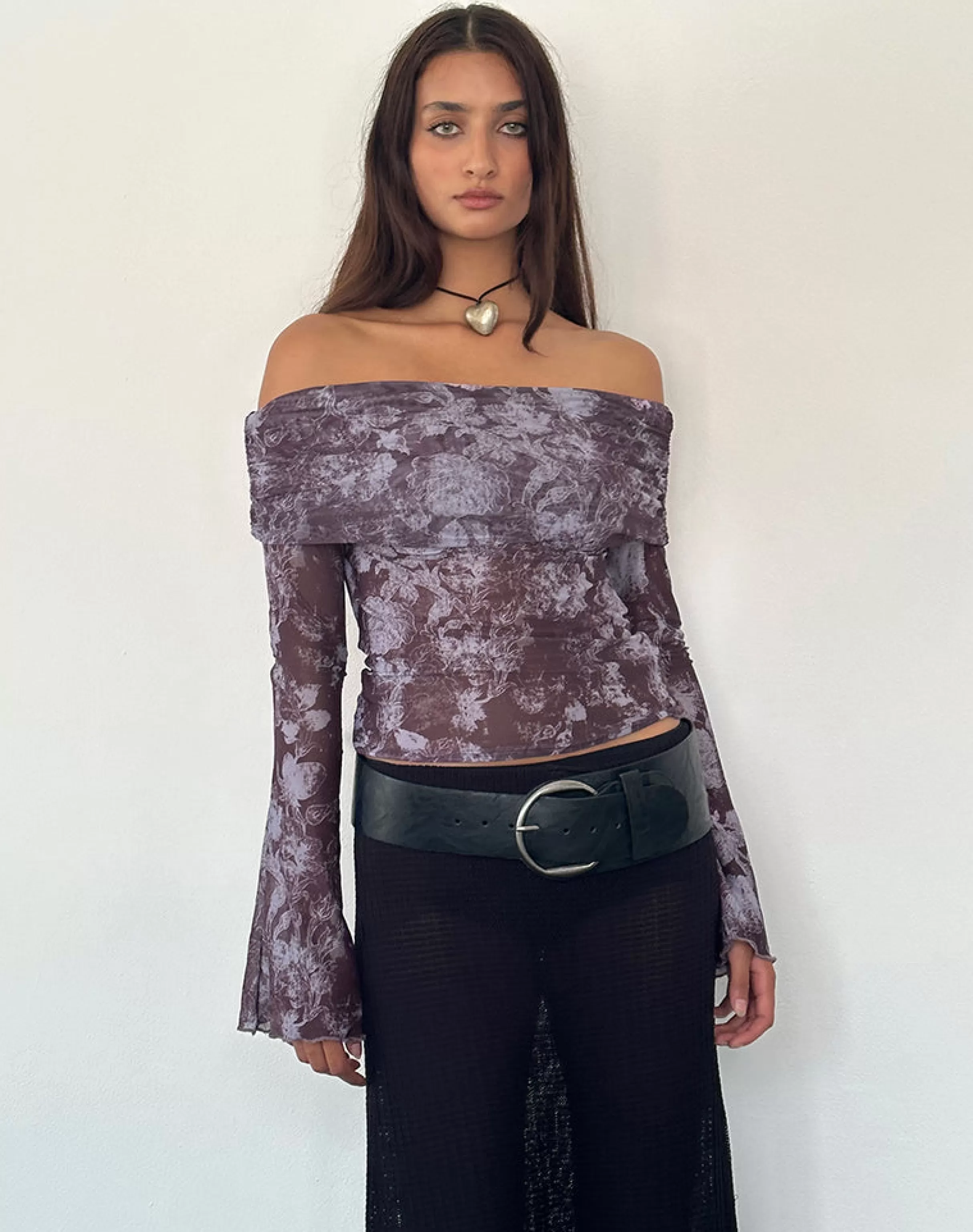 Store Noelle Bardot Top In Botanic Sketch Purple PRINTED TOPS | LONG SLEEVE TOPS