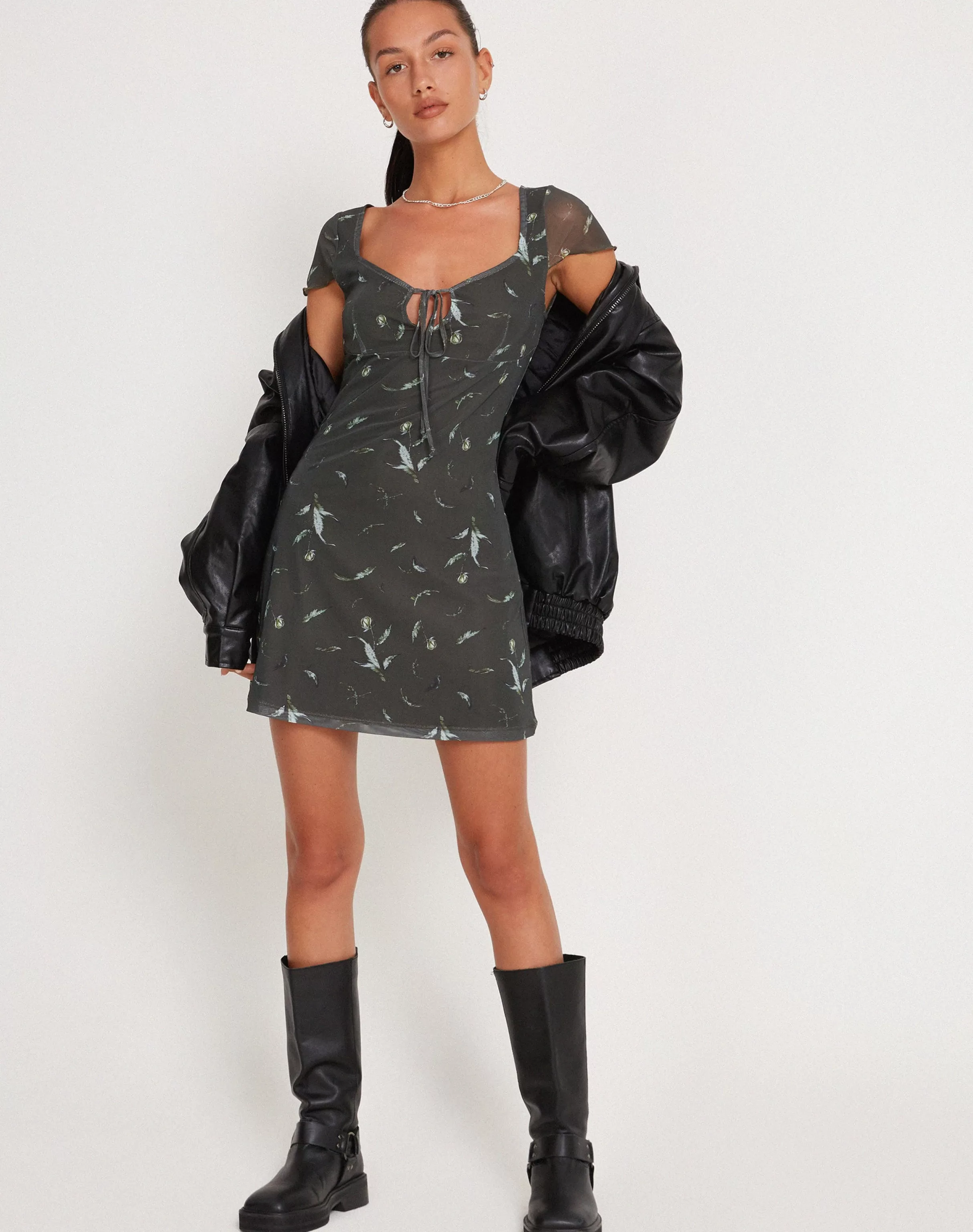 Hot Noura Mesh Mini Dress In Floral Khaki Silhouette PRINTED DRESSES | BODYCON DRESSES