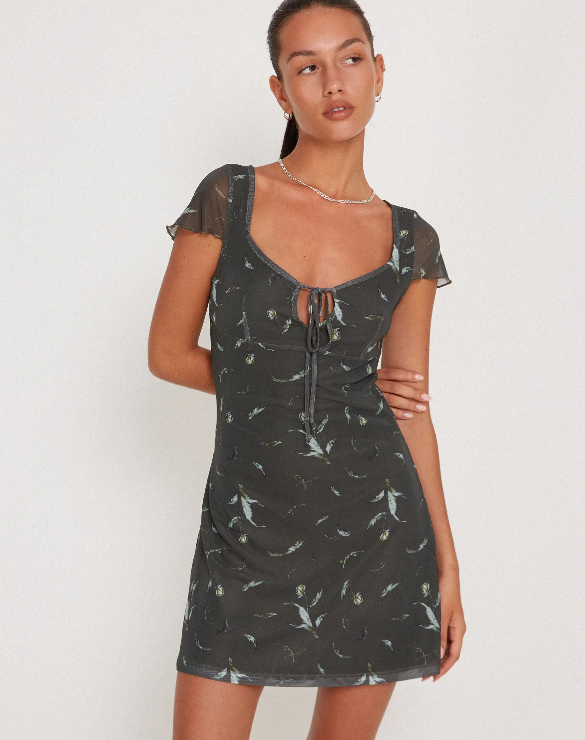 Hot Noura Mesh Mini Dress In Floral Khaki Silhouette PRINTED DRESSES | BODYCON DRESSES