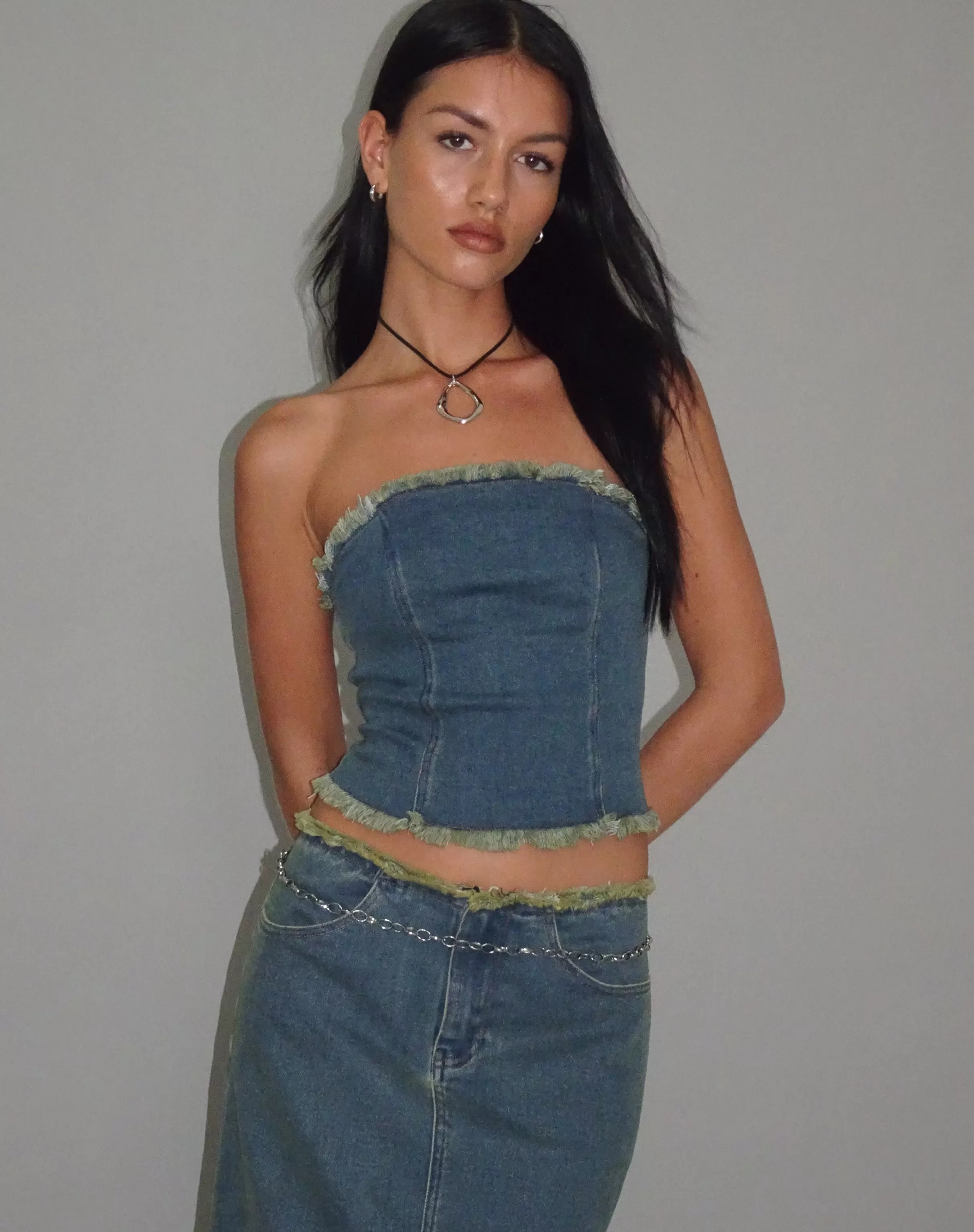 Clearance Omas Denim Bandeau Top In Brown Blue Acid Wash CROP TOPS | CORSET TOPS