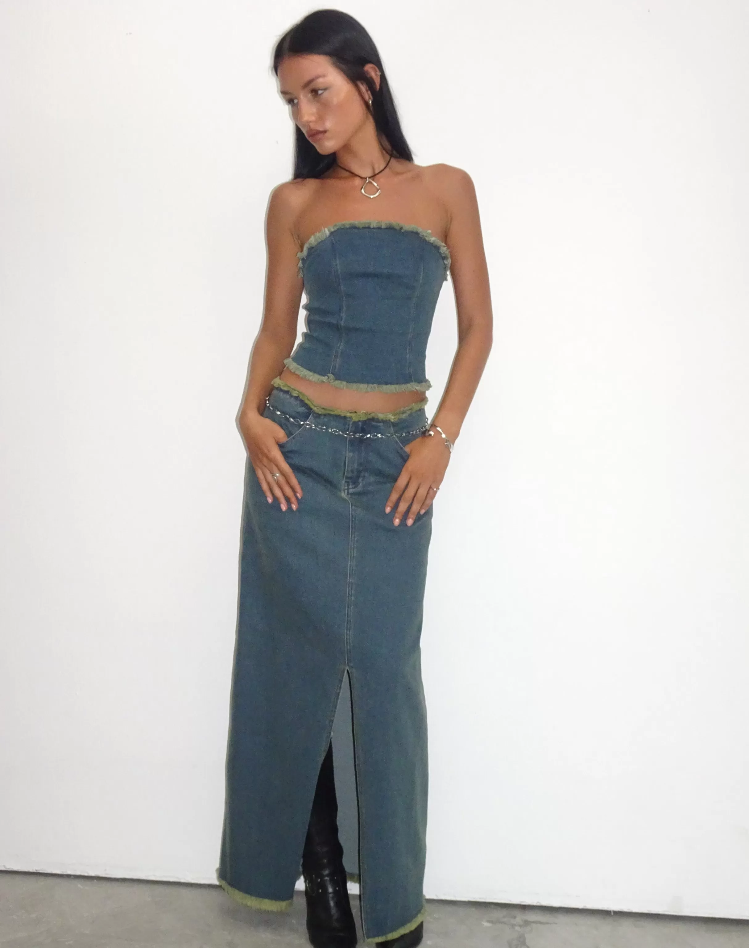 Clearance Omas Denim Bandeau Top In Brown Blue Acid Wash CROP TOPS | CORSET TOPS