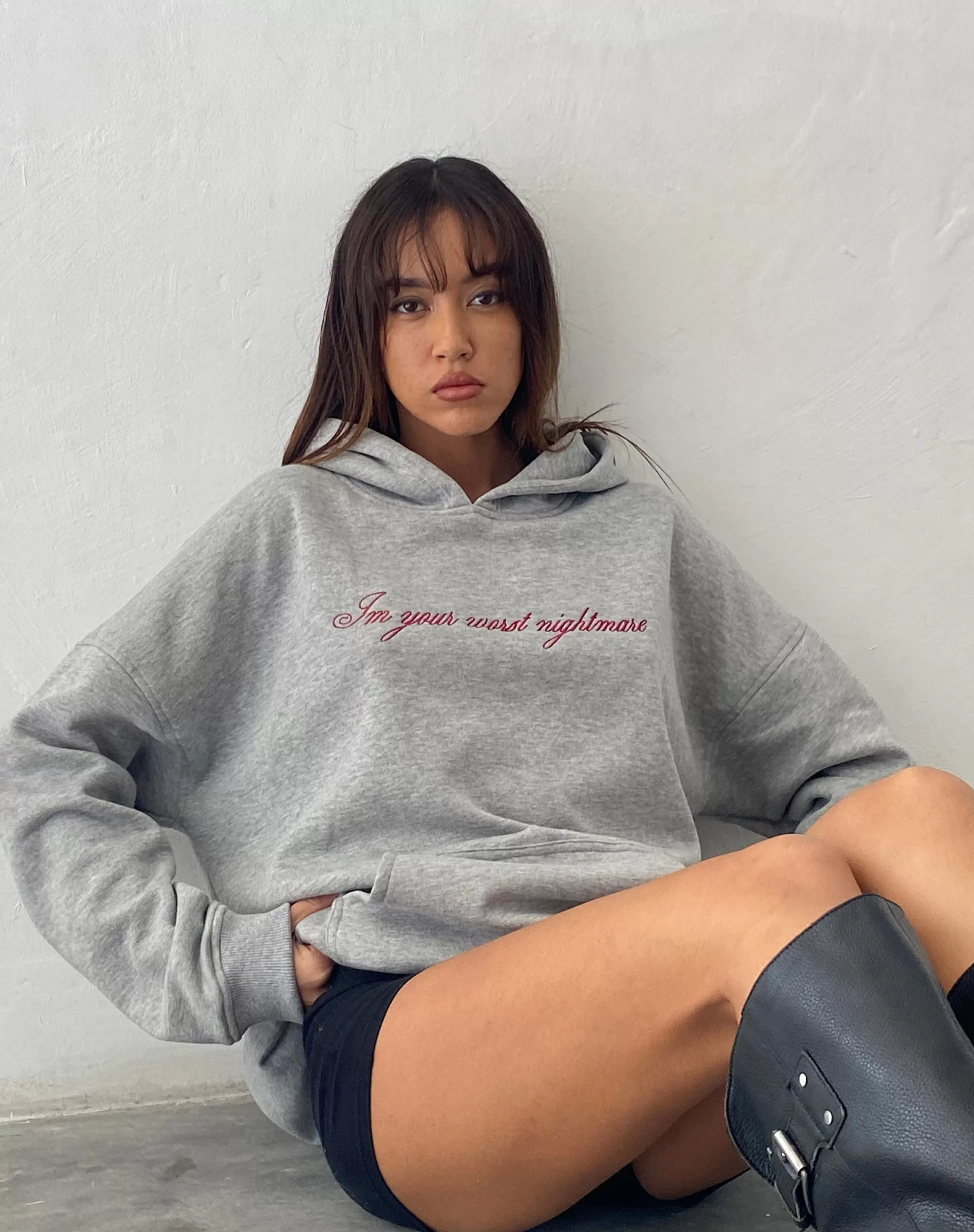 Discount Oversized Hoodie In Grey Marl With Worst Nightmare Embroidery LOUNGEWEAR | HOODIES & SWEATSHIRTS