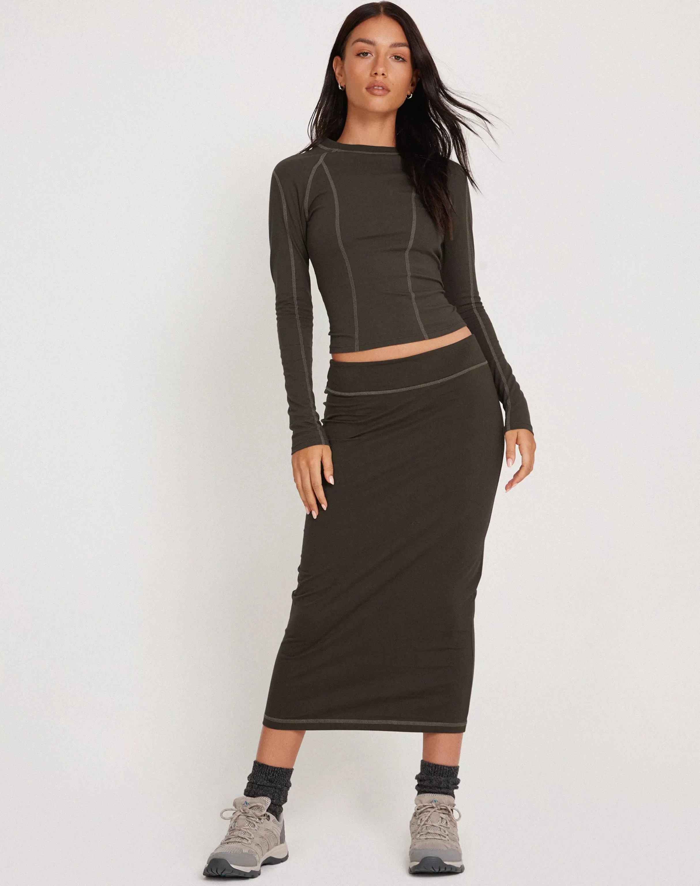 Shop Peka Midi Skirt In Gunmetal With Grey Top Stitch SALE SKIRTS | BODYCON SKIRTS