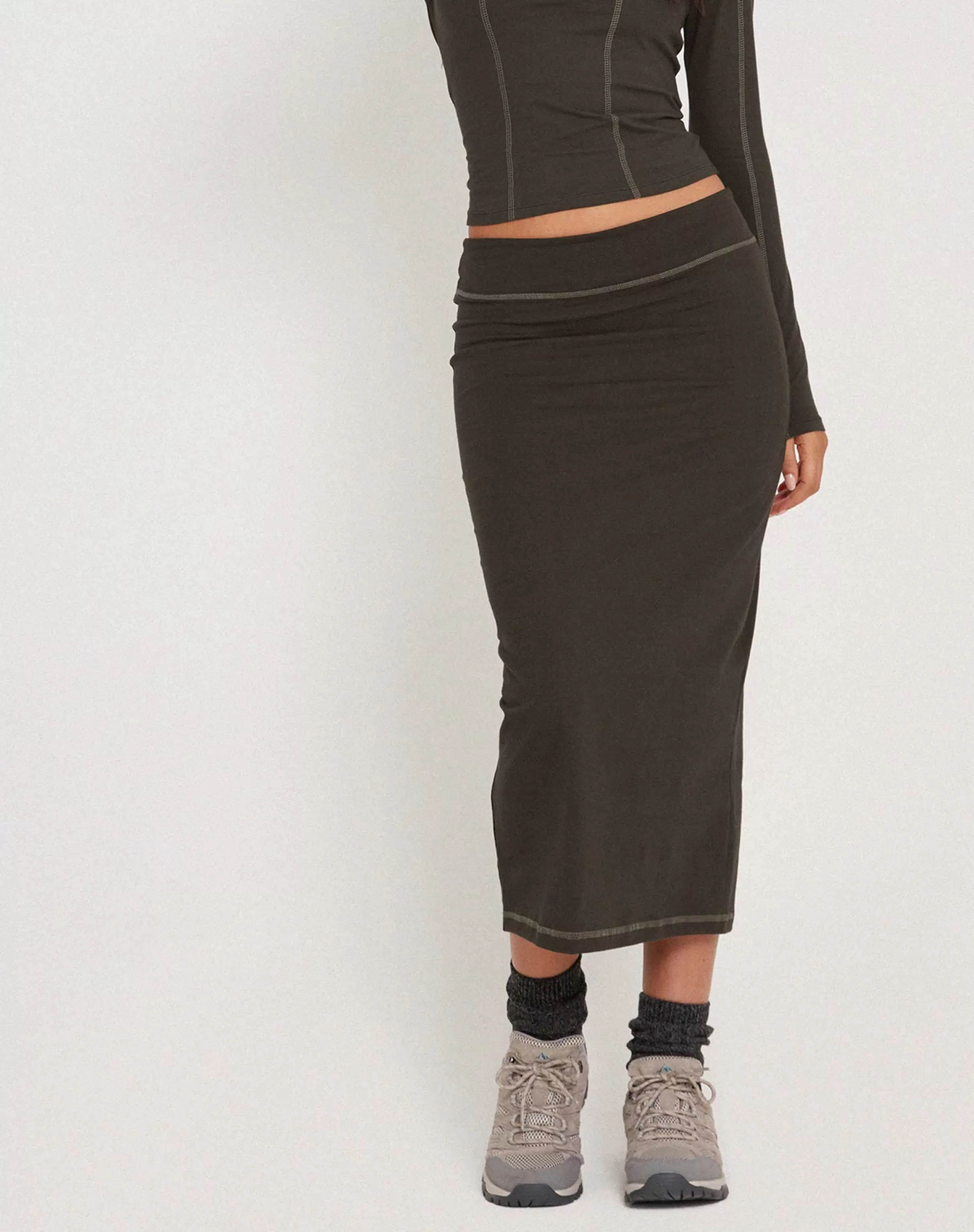 Shop Peka Midi Skirt In Gunmetal With Grey Top Stitch SALE SKIRTS | BODYCON SKIRTS
