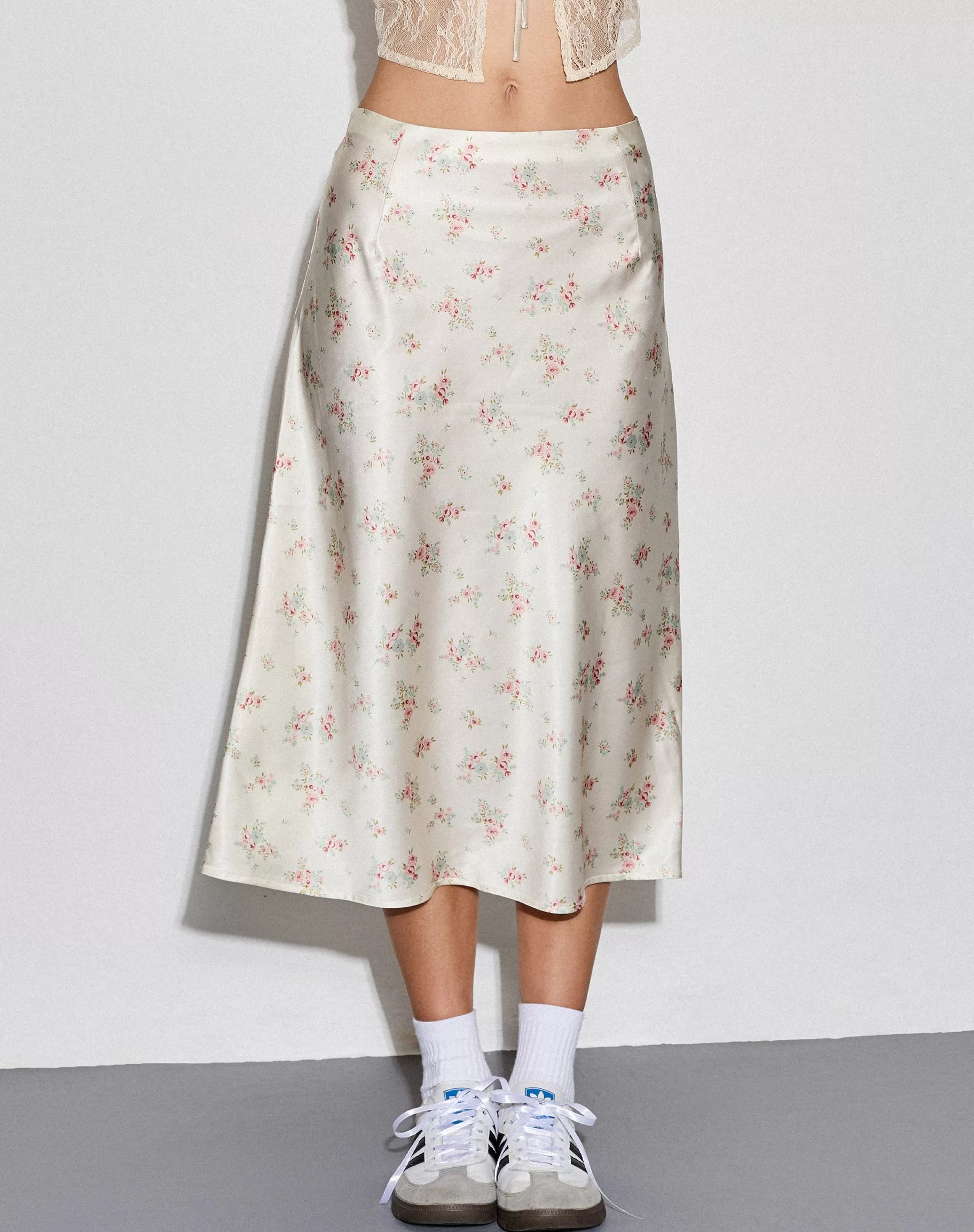 New Piya Midi Skirt In Satin Vintage Rose Garland PRINTED SKIRTS | MIDI SKIRTS