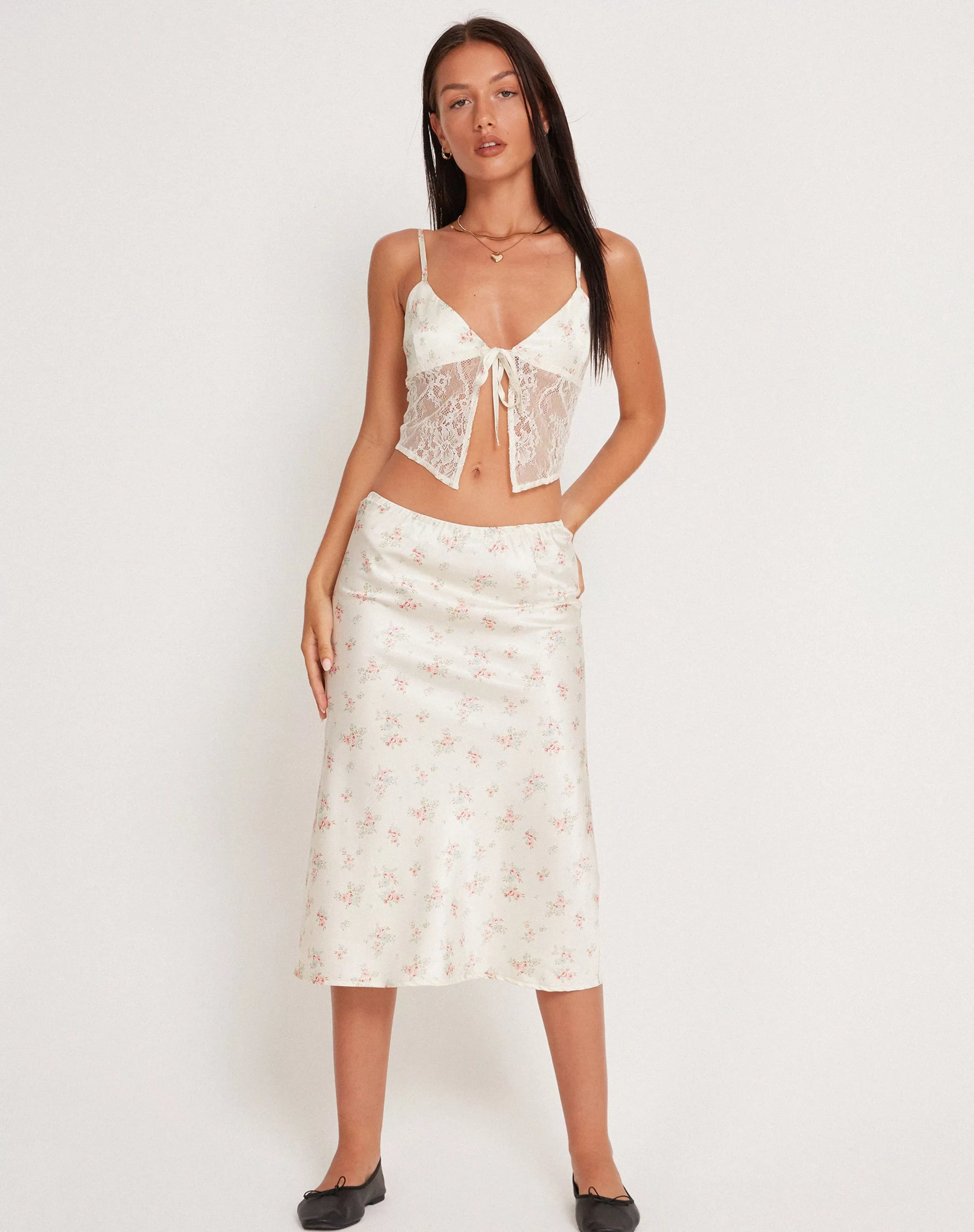 New Piya Midi Skirt In Satin Vintage Rose Garland PRINTED SKIRTS | MIDI SKIRTS