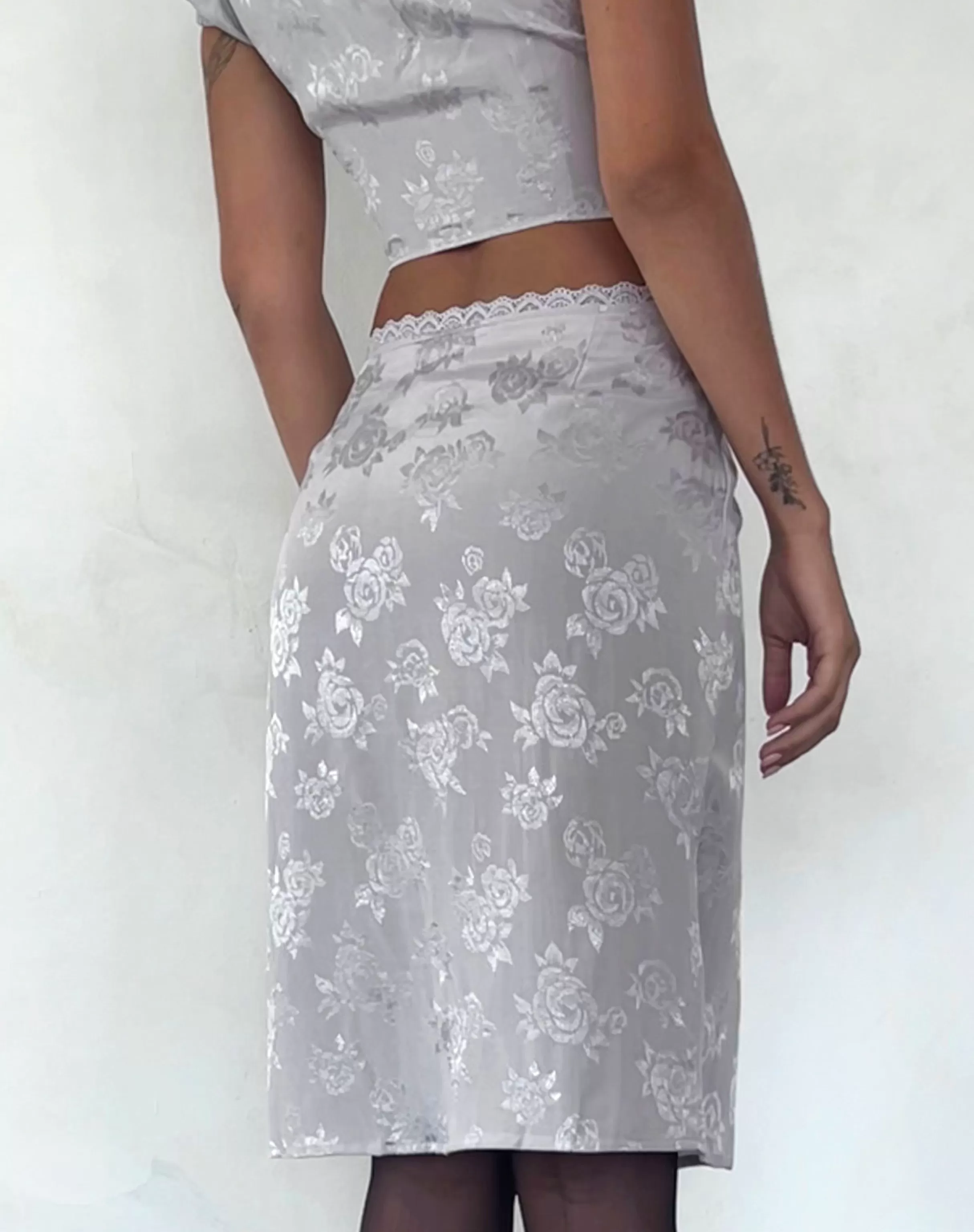 Sale Piyeto Midi Skirt In Satin Rose Silver Grey SALE SKIRTS | CO-ORDS