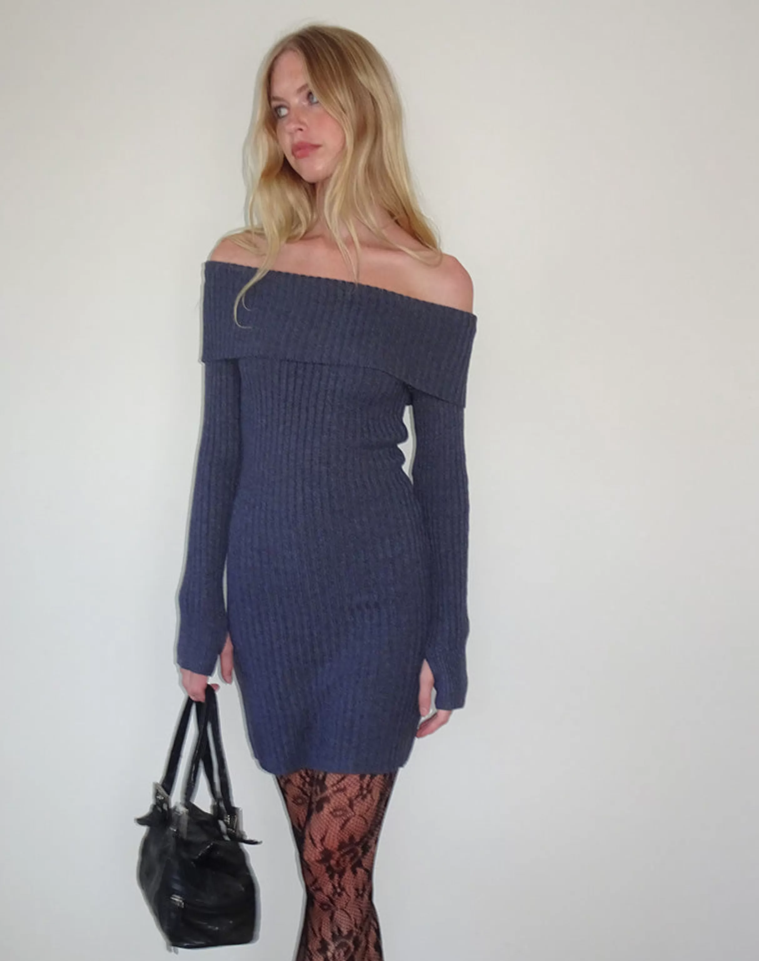 Online Queeva Knitted Bardot Mini Dress In Dark Charcoal SALE KNITWEAR | DAY DRESSES