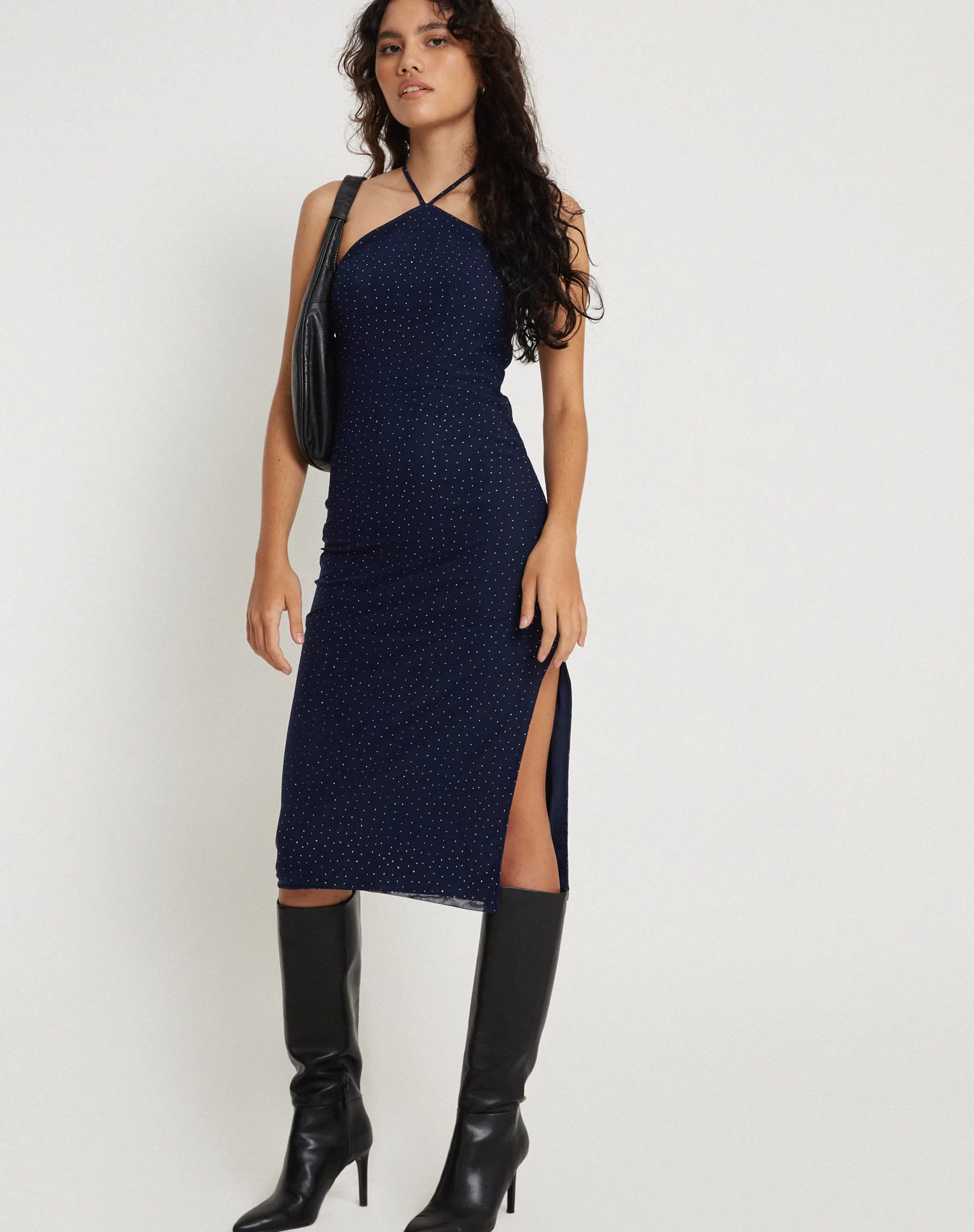 Fashion Rabi Halterneck Midi Dress In Mesh Navy PARTY DRESSES | PRINTED DRESSES