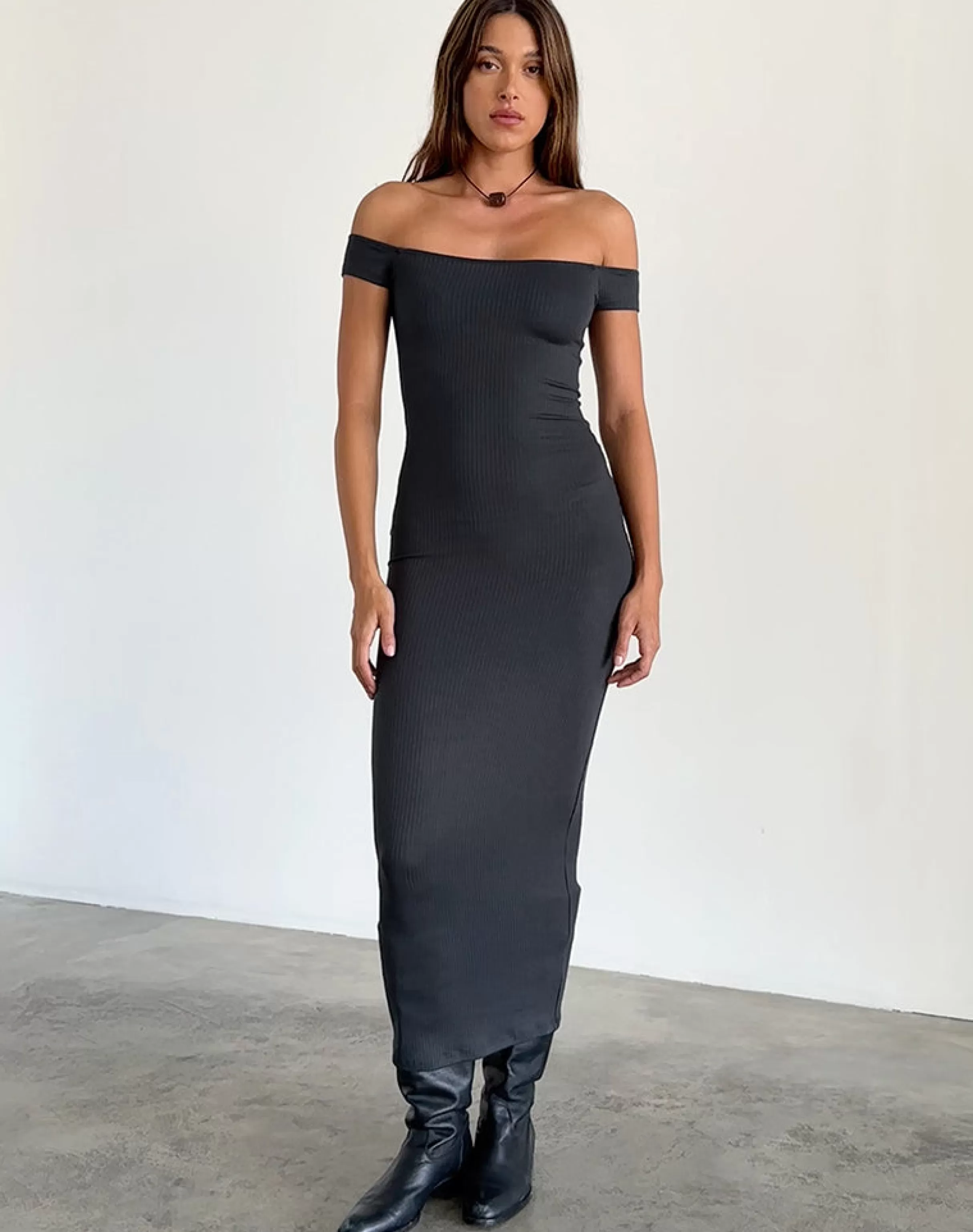 Best Sale Racha Thick Rib Bardot Maxi Dress In Black Forest DAY DRESSES | PARTY DRESSES