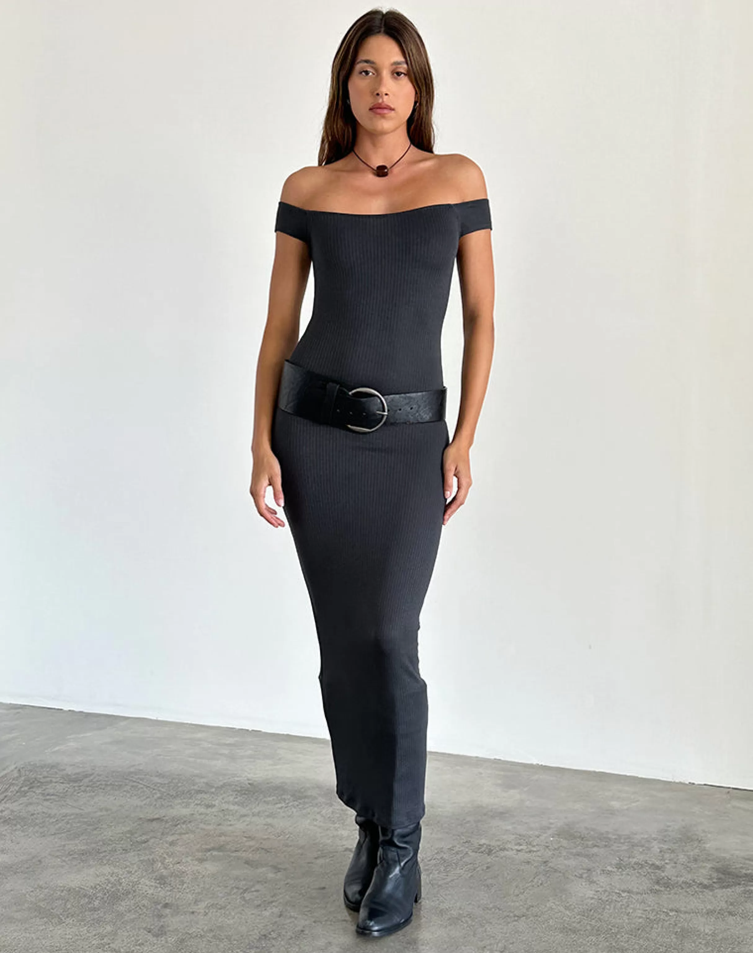 Best Sale Racha Thick Rib Bardot Maxi Dress In Black Forest DAY DRESSES | PARTY DRESSES