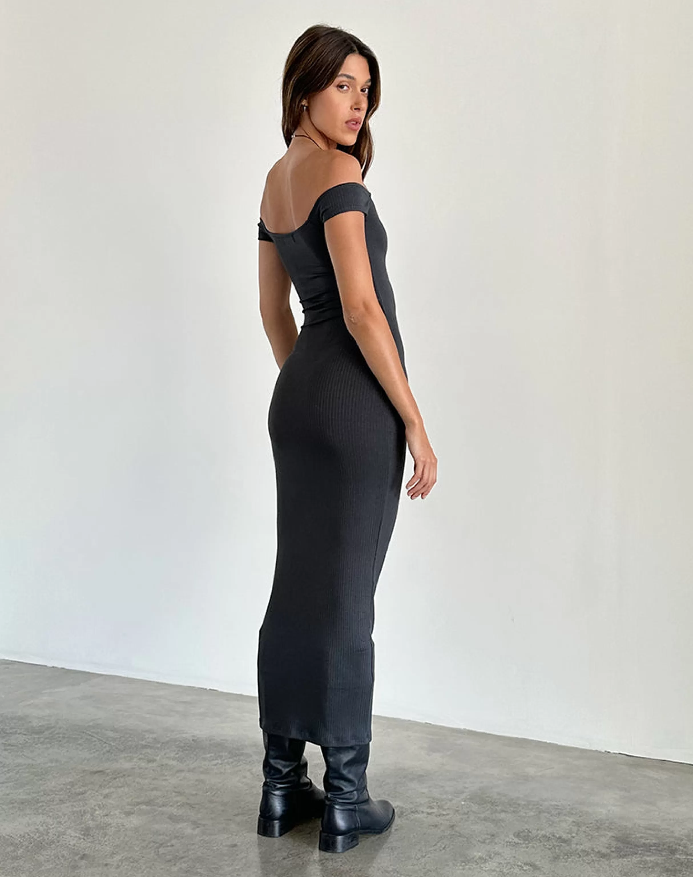 Best Sale Racha Thick Rib Bardot Maxi Dress In Black Forest DAY DRESSES | PARTY DRESSES