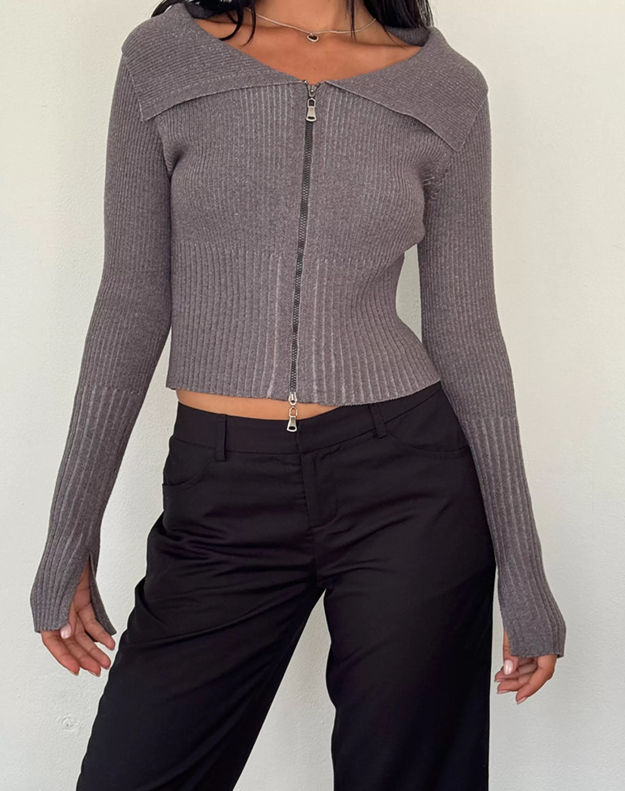 Fashion Radia Long Sleeve Off-Shoulder Zip Through Jumper In SALE KNITWEAR | JUMPERS