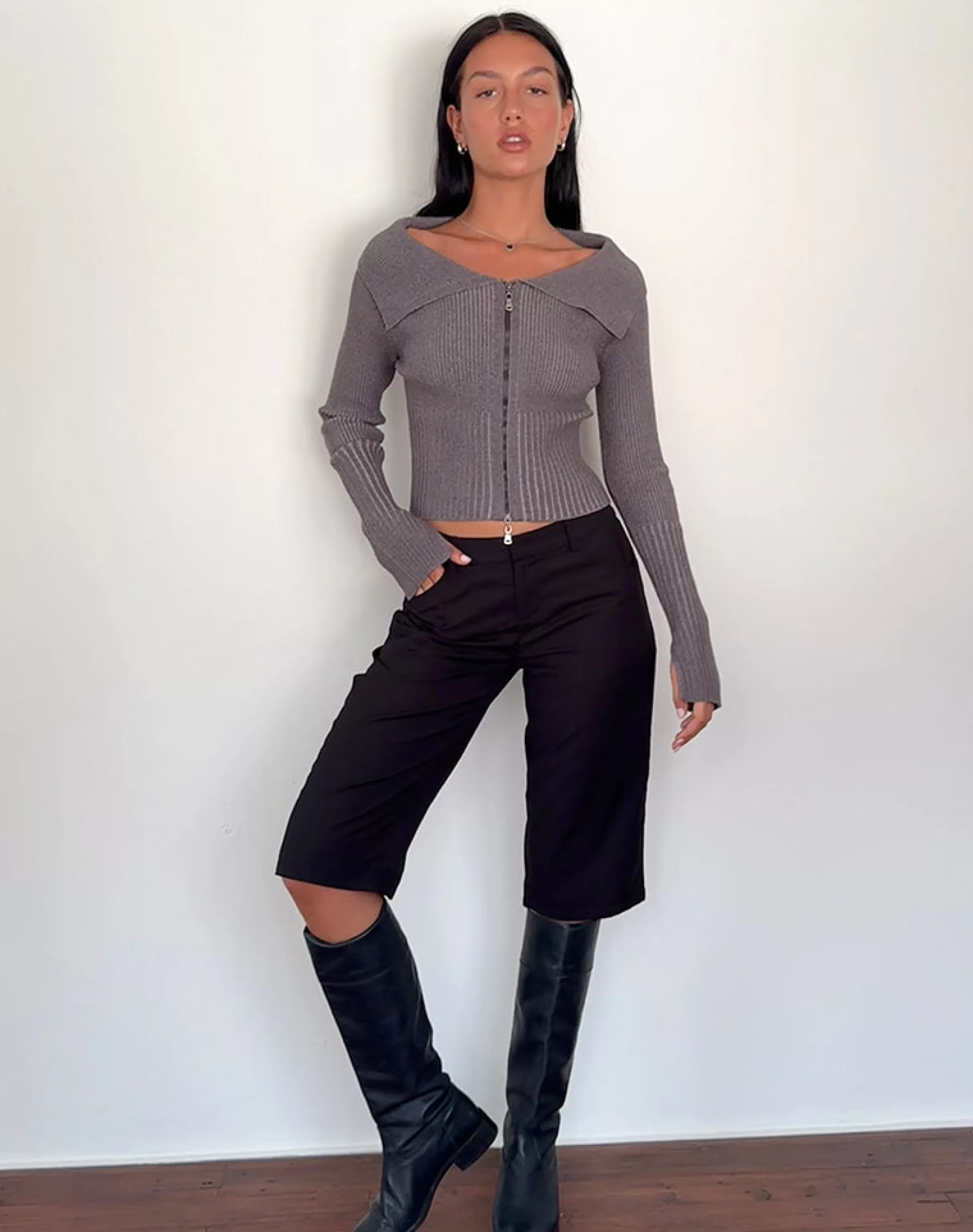 Fashion Radia Long Sleeve Off-Shoulder Zip Through Jumper In SALE KNITWEAR | JUMPERS