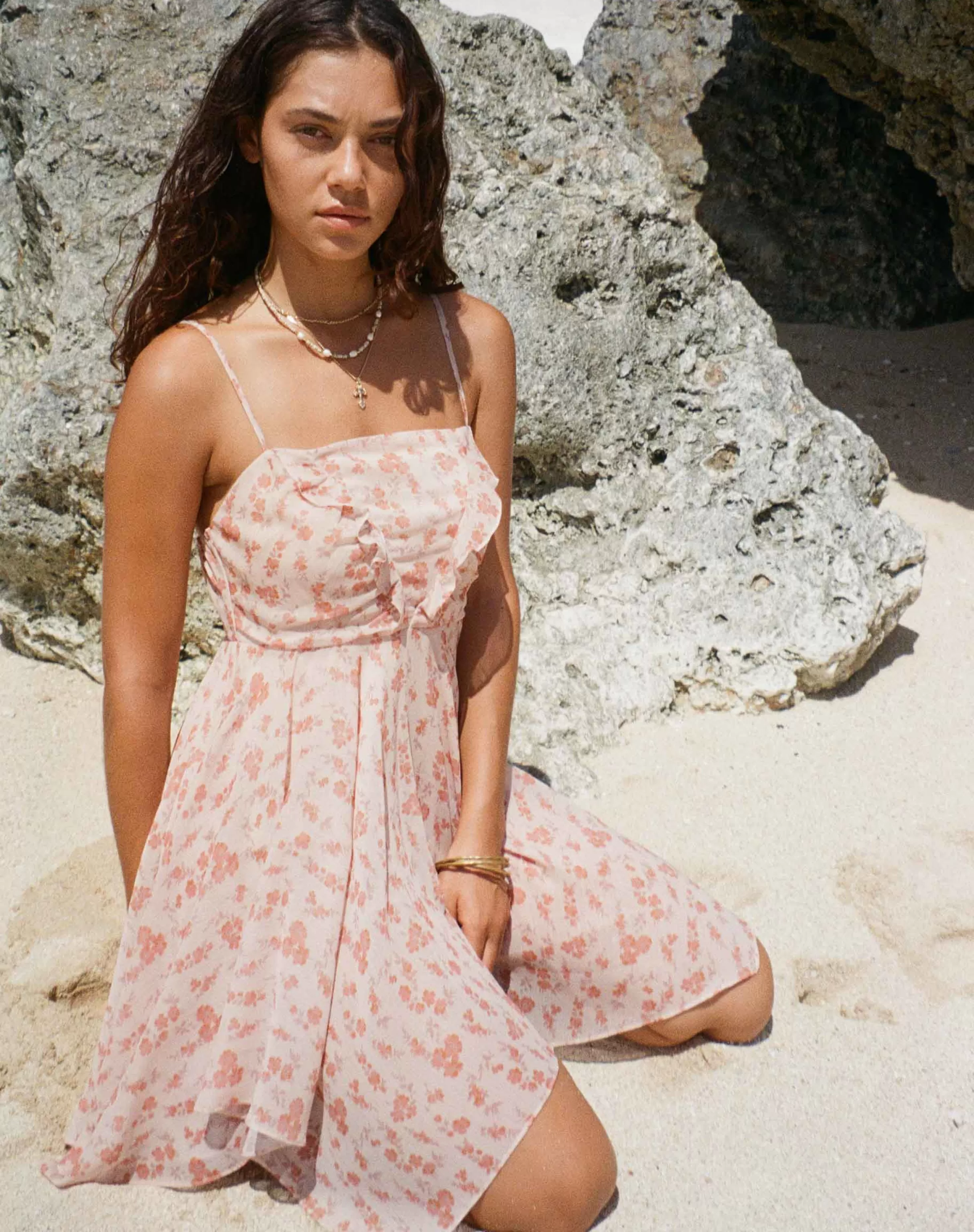 Flash Sale Raftar Frill Chiffon Mini Dress In Peach Cherry Blossom PRINTED DRESSES
