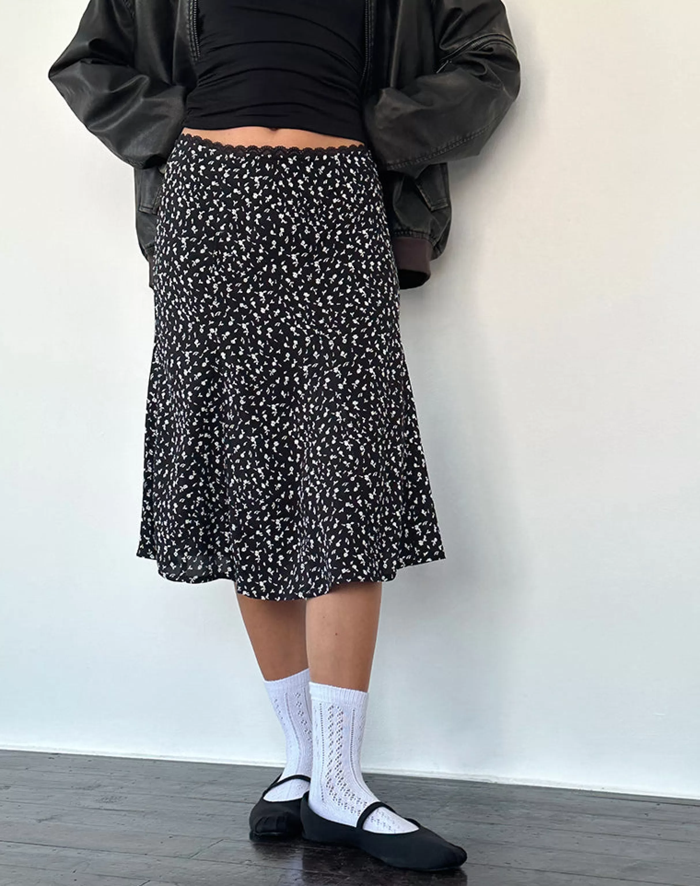 Shop Rahyu Midi Skirt In Black Ditsy Romance PRINTED SKIRTS | MIDI SKIRTS