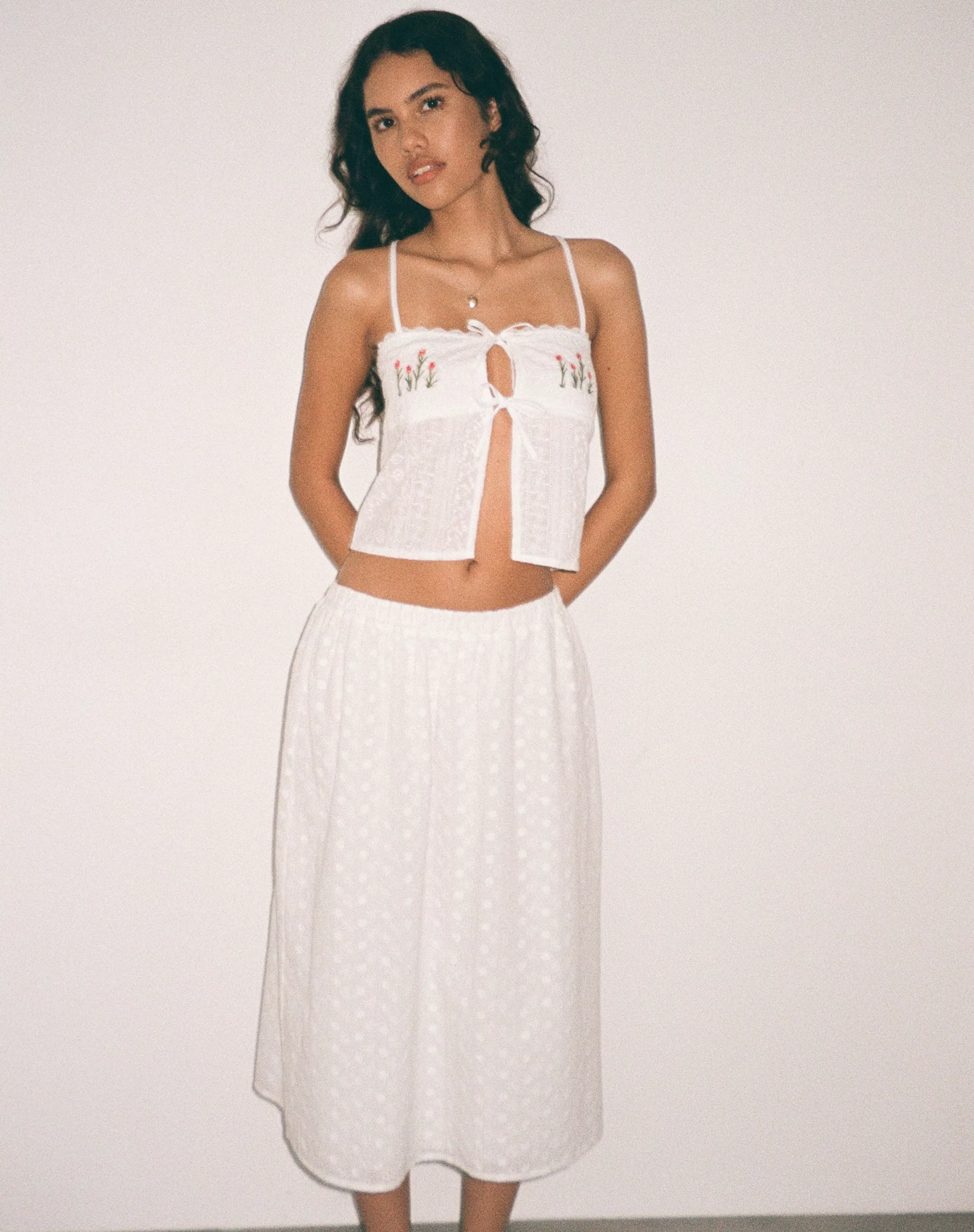 Online Ramika Tie Front Embroidered Cami Top In White Broderie STRAPPY TOPS