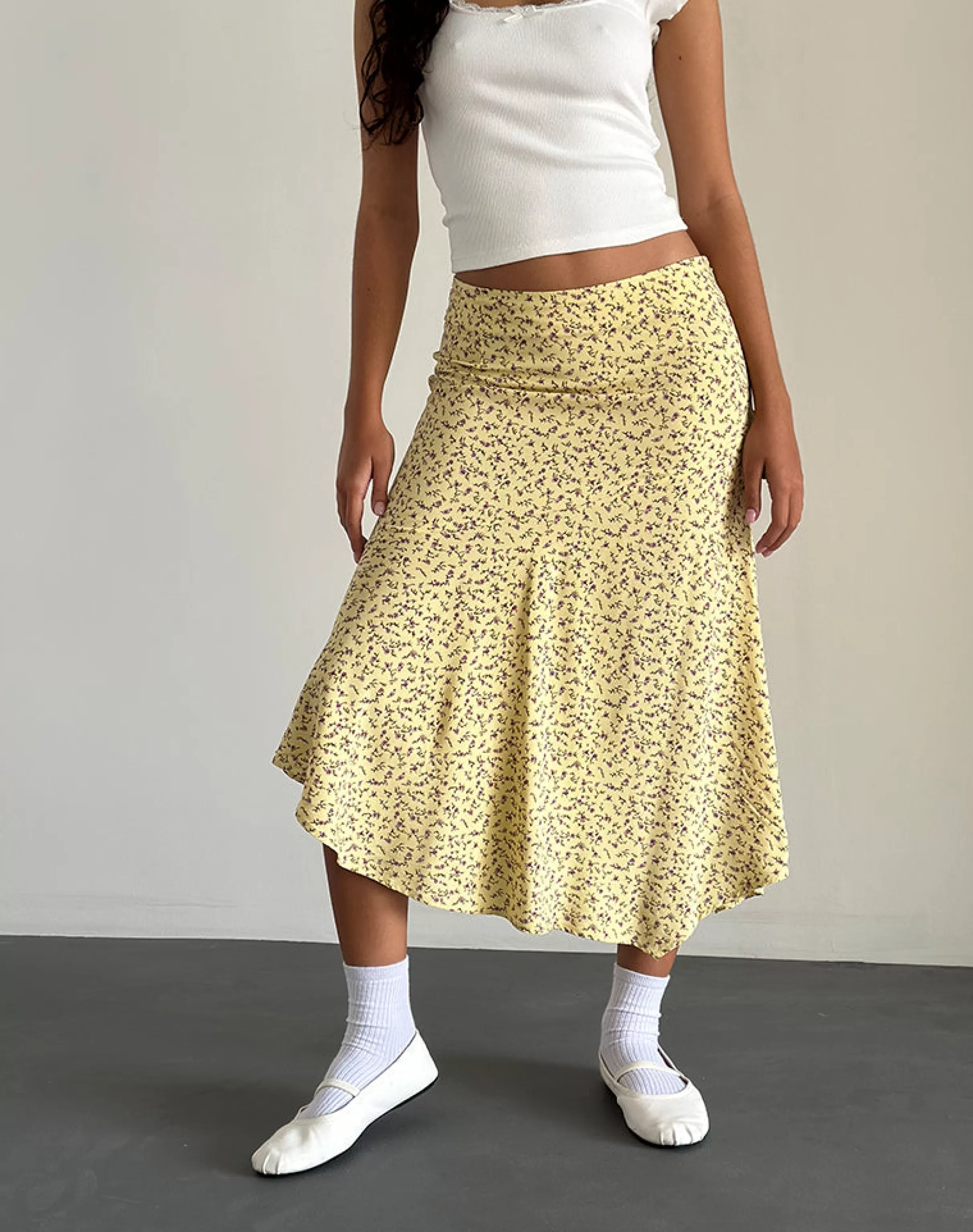 New Rans Waterfall Hem Midi Skirt In Flowing Flower Yellow CO-ORDS | PRINTED SKIRTS