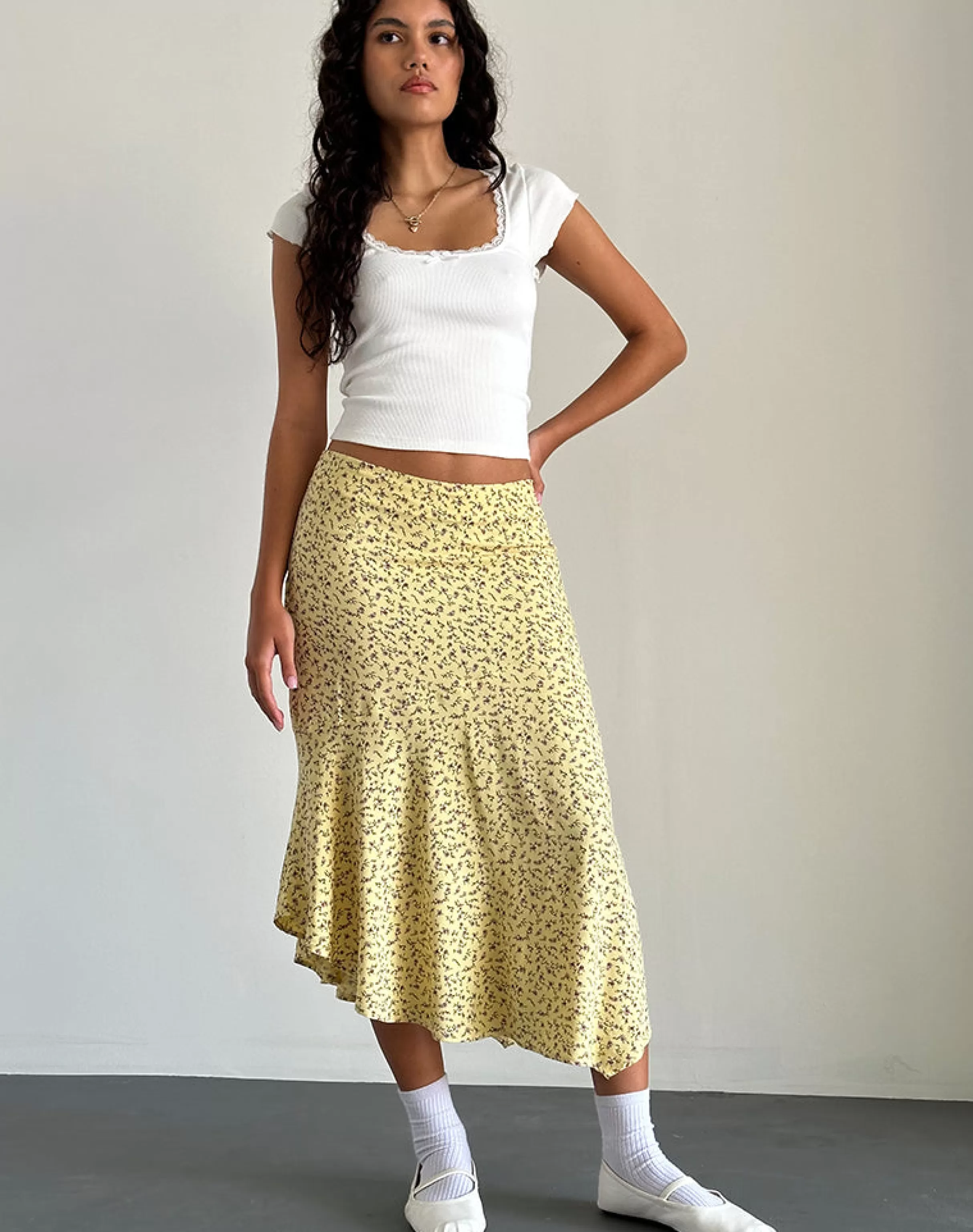 New Rans Waterfall Hem Midi Skirt In Flowing Flower Yellow CO-ORDS | PRINTED SKIRTS