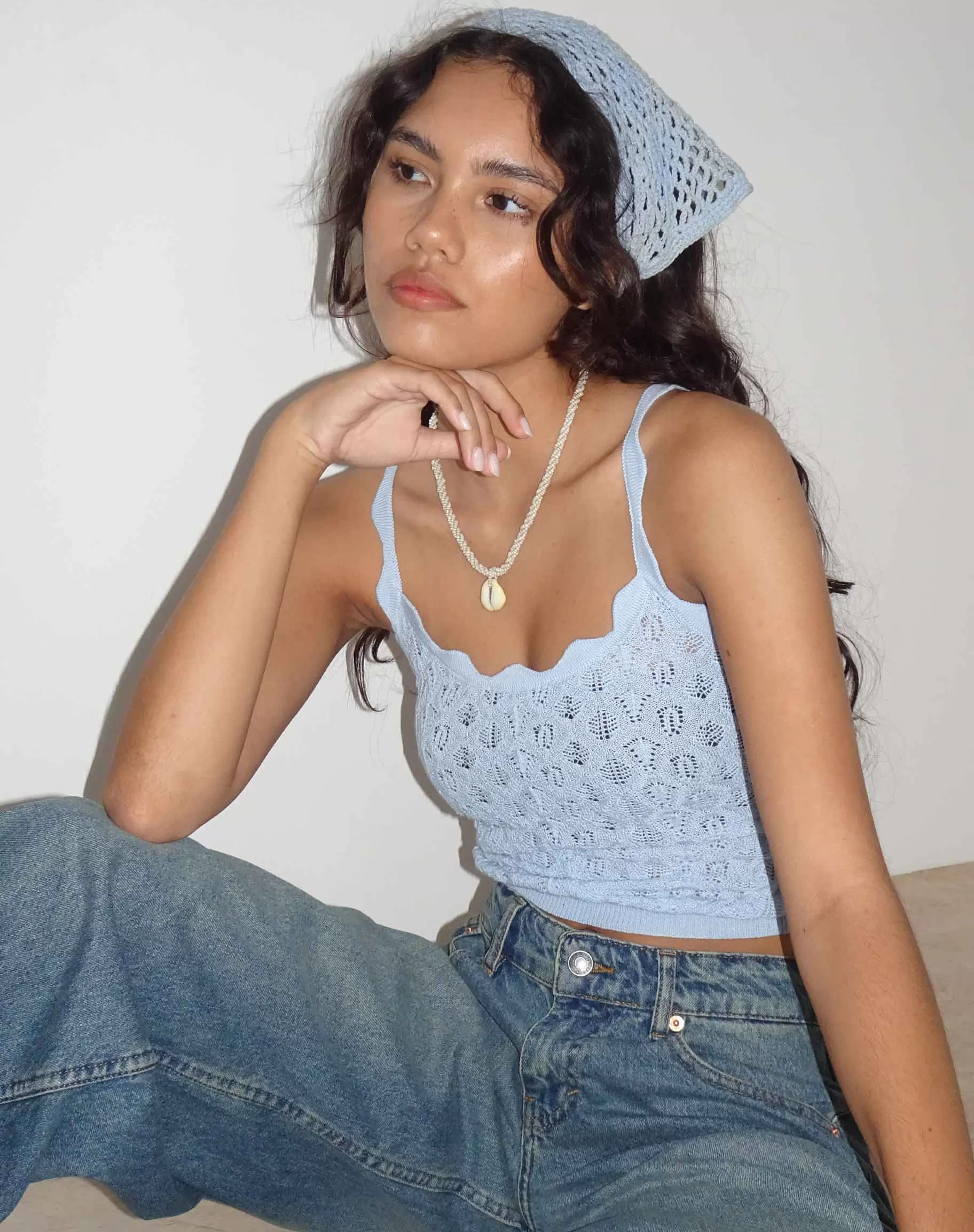 Store Reagan Pointelle Knit Cami Top In Baby Blue STRAPPY TOPS