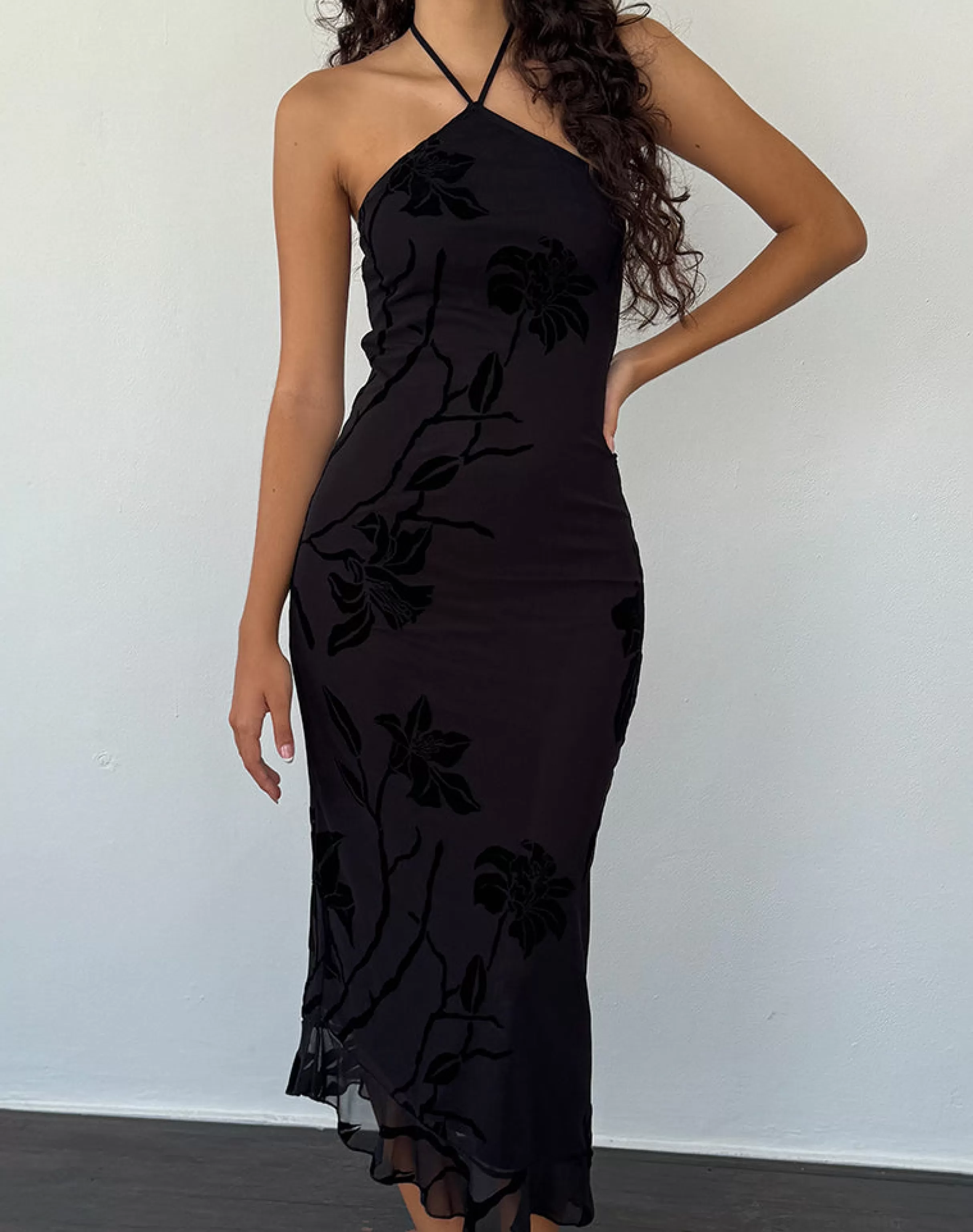 Clearance Ribka Halterneck Midi Dress In Orchids Flock Black PARTY DRESSES | PRINTED DRESSES