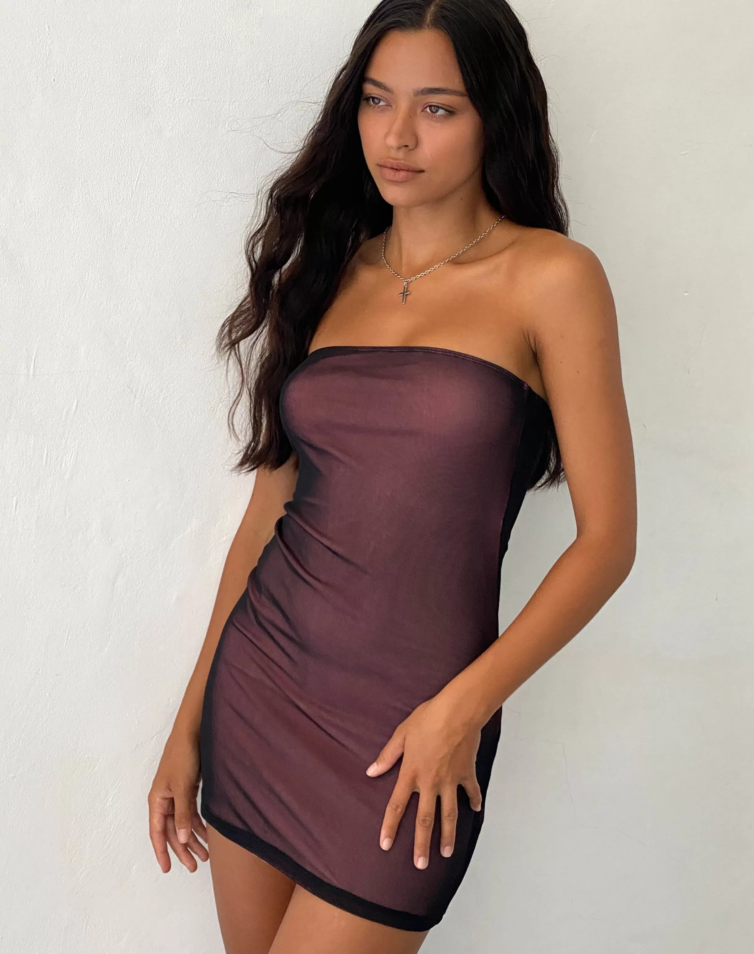 Clearance Rowena Bandeau Mesh Mini Dress In Black With Pink Lining PARTY DRESSES | BANDEAU DRESSES