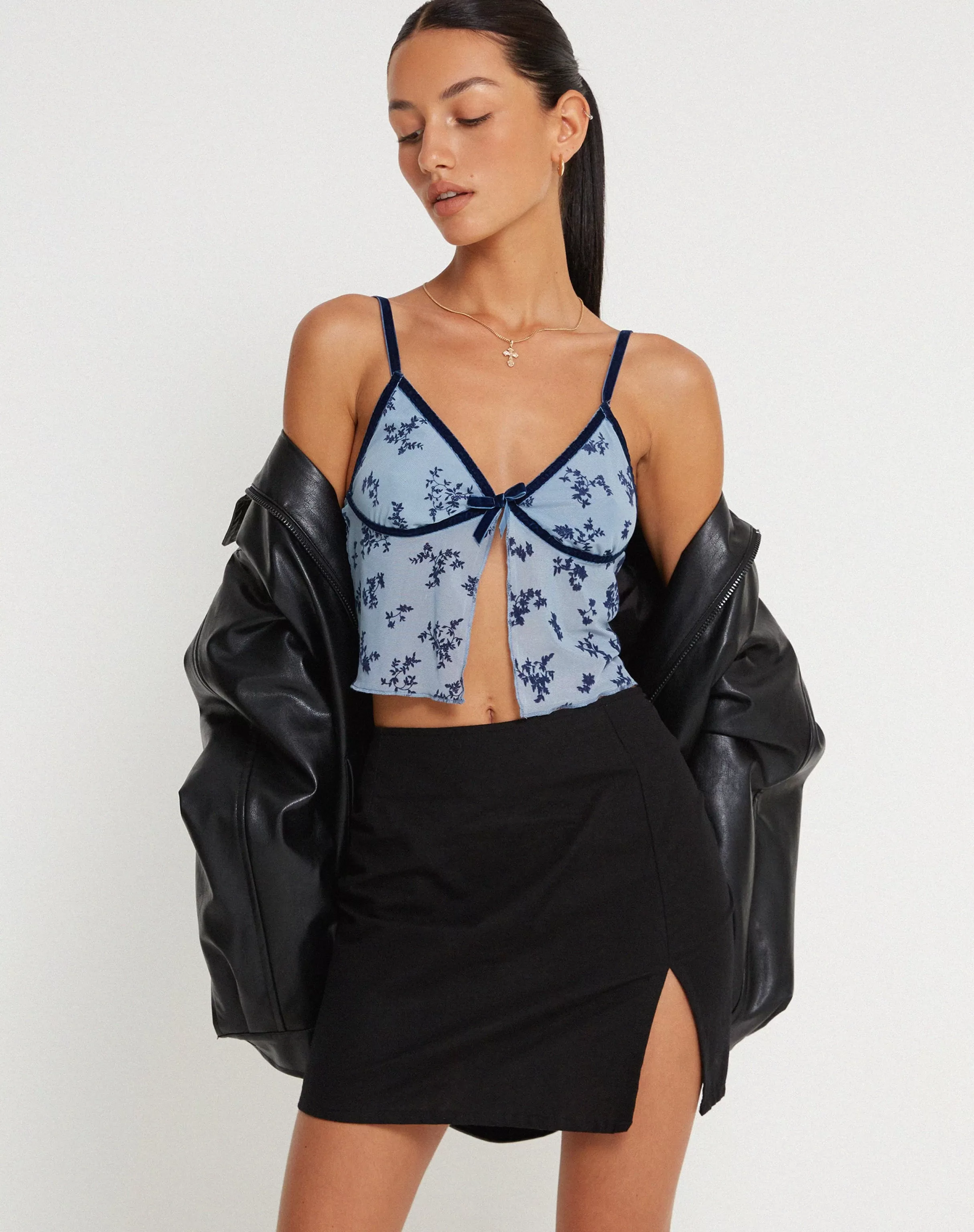 Cheap Rumako Open Front Crop Top In Light Blue Black Botanist Flocking PRINTED TOPS