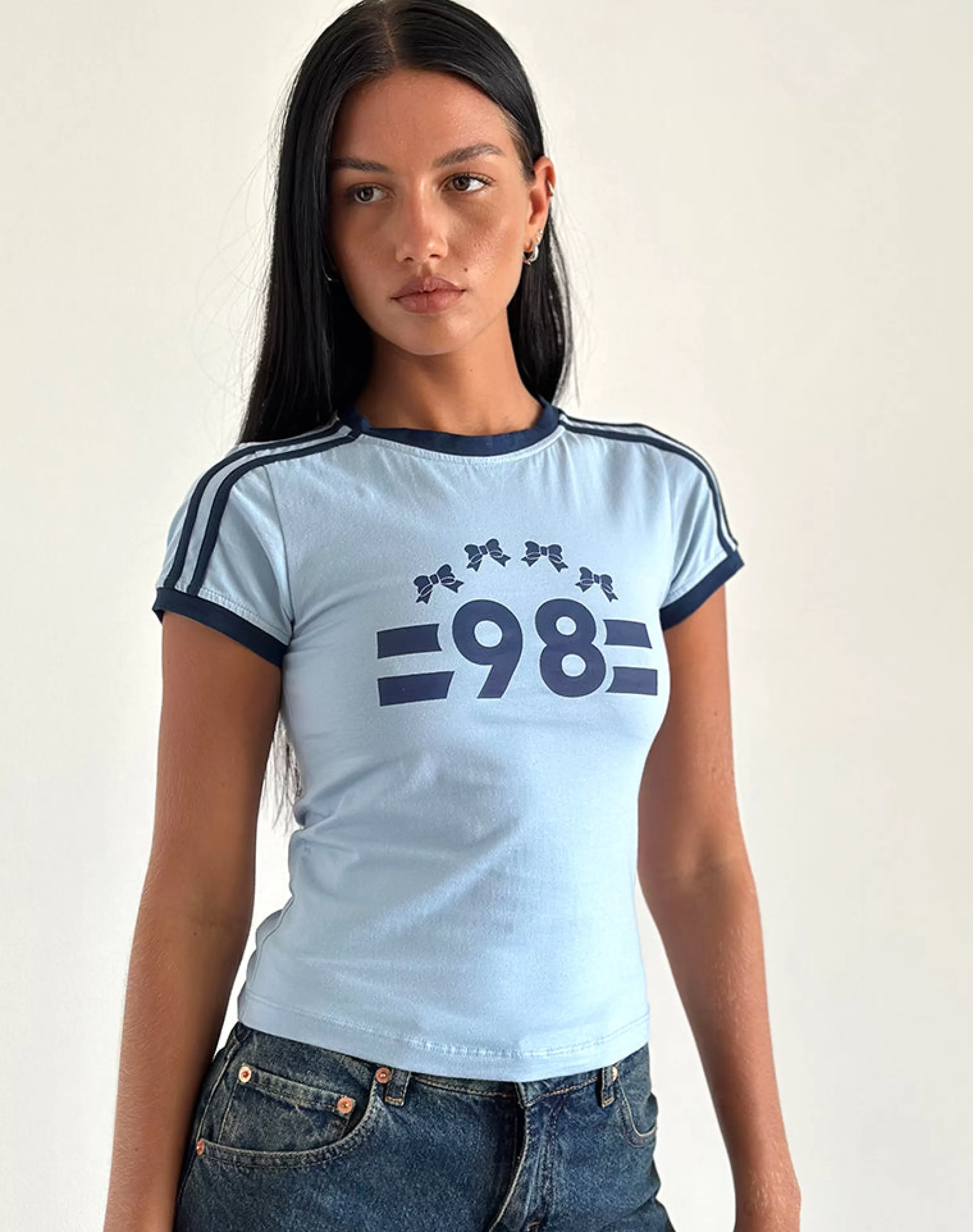 Outlet Salda Tee In Nantucket Blue With Navy Binding  and '98' Emb TEES | PRINTED TOPS
