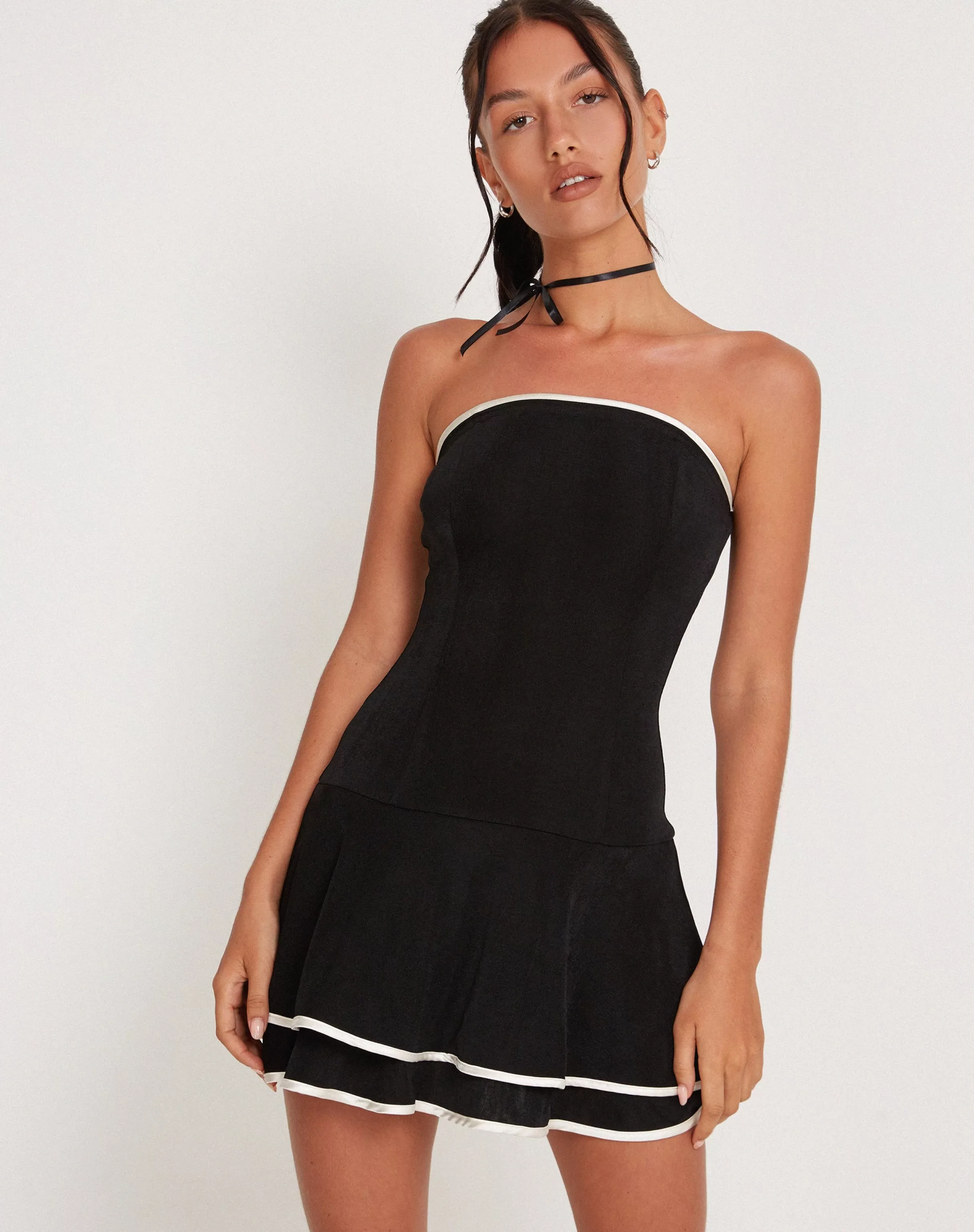 Online Samira Bandeau Mini Dress In Black With Ivory Binding PARTY DRESSES | BANDEAU DRESSES