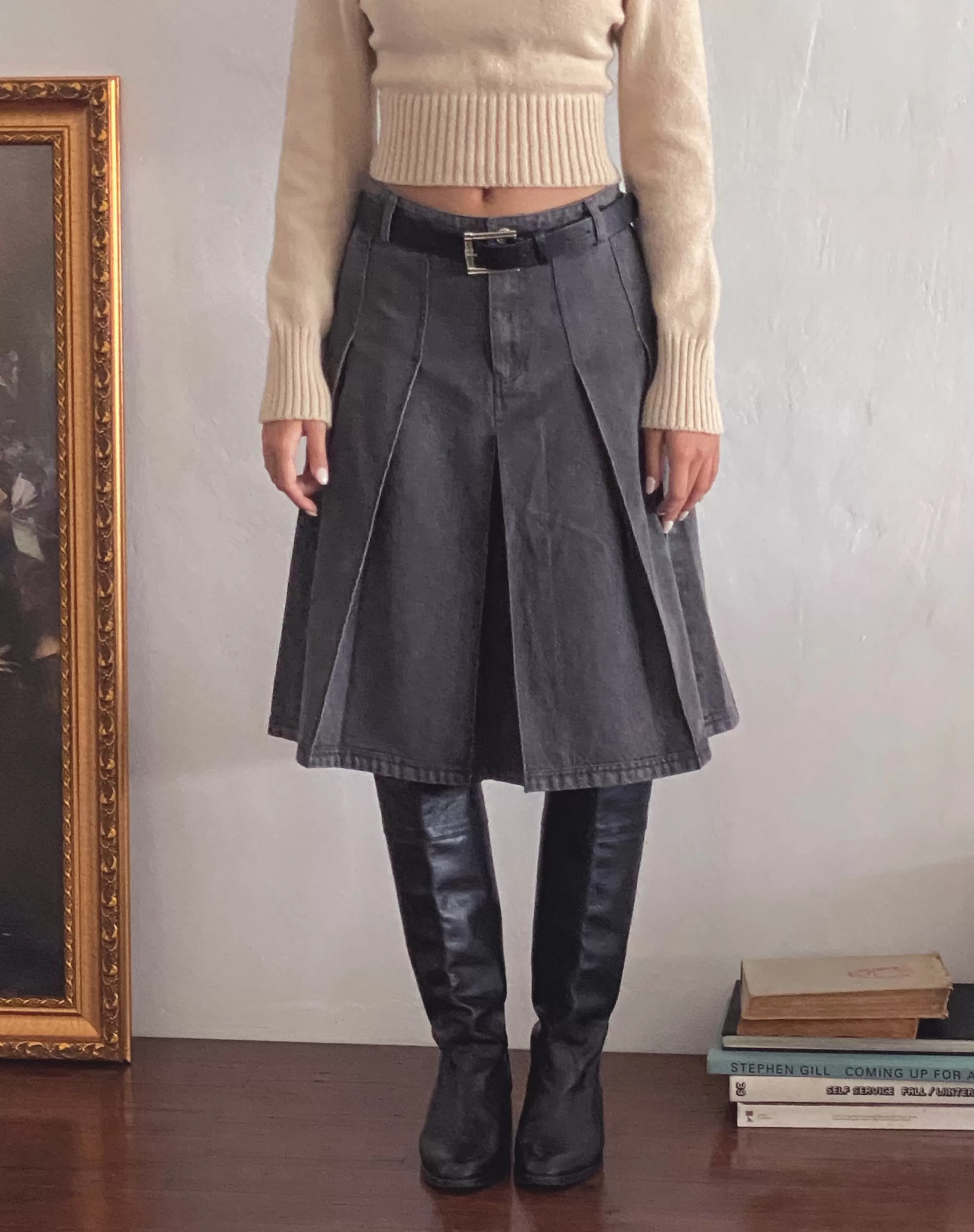 Hot Sanjani Pleated Denim Midi Skirt In Grey Wash SALE SKIRTS | MIDI SKIRTS