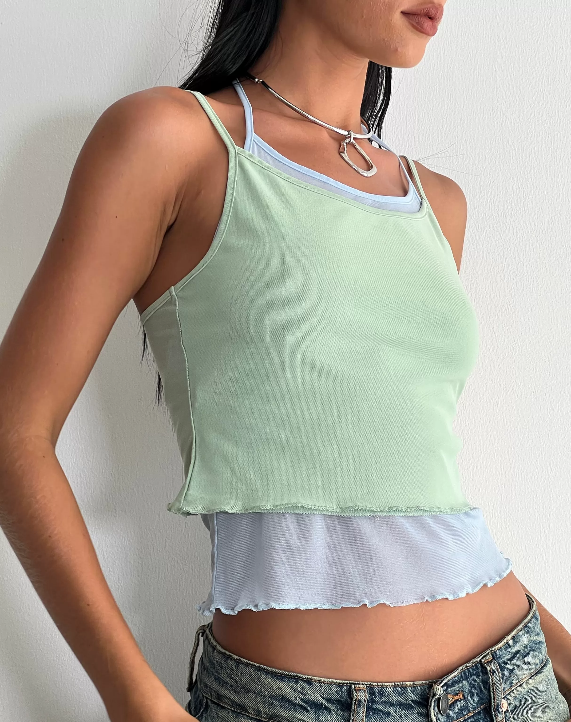 Cheap Sapphi Double Layered Cami Top In Frost Blue And Sage Green VEST TOPS
