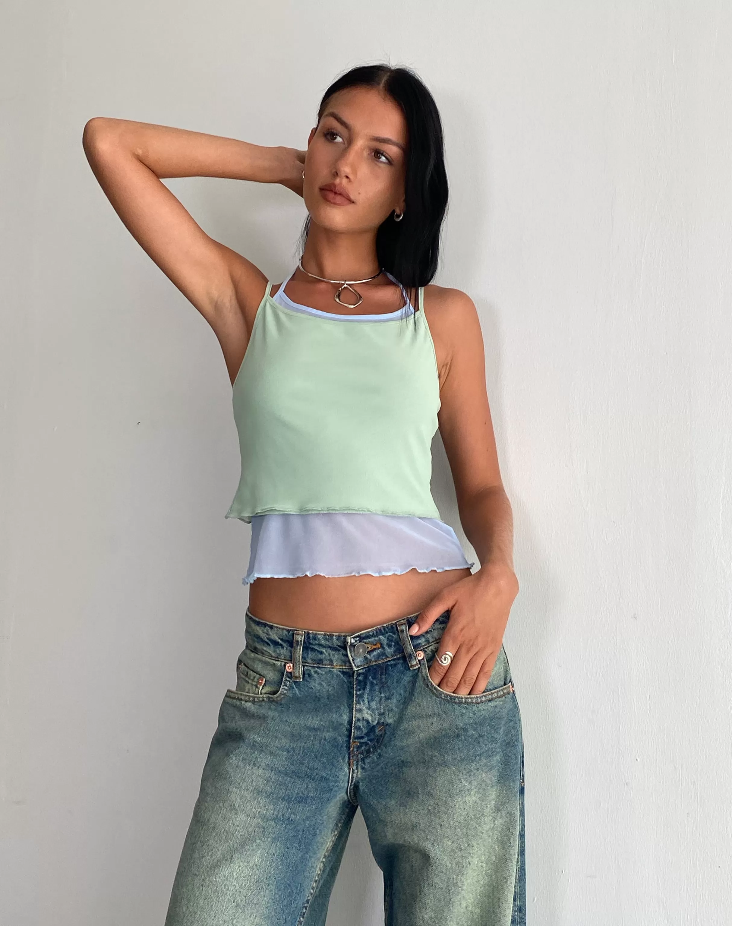 Cheap Sapphi Double Layered Cami Top In Frost Blue And Sage Green VEST TOPS