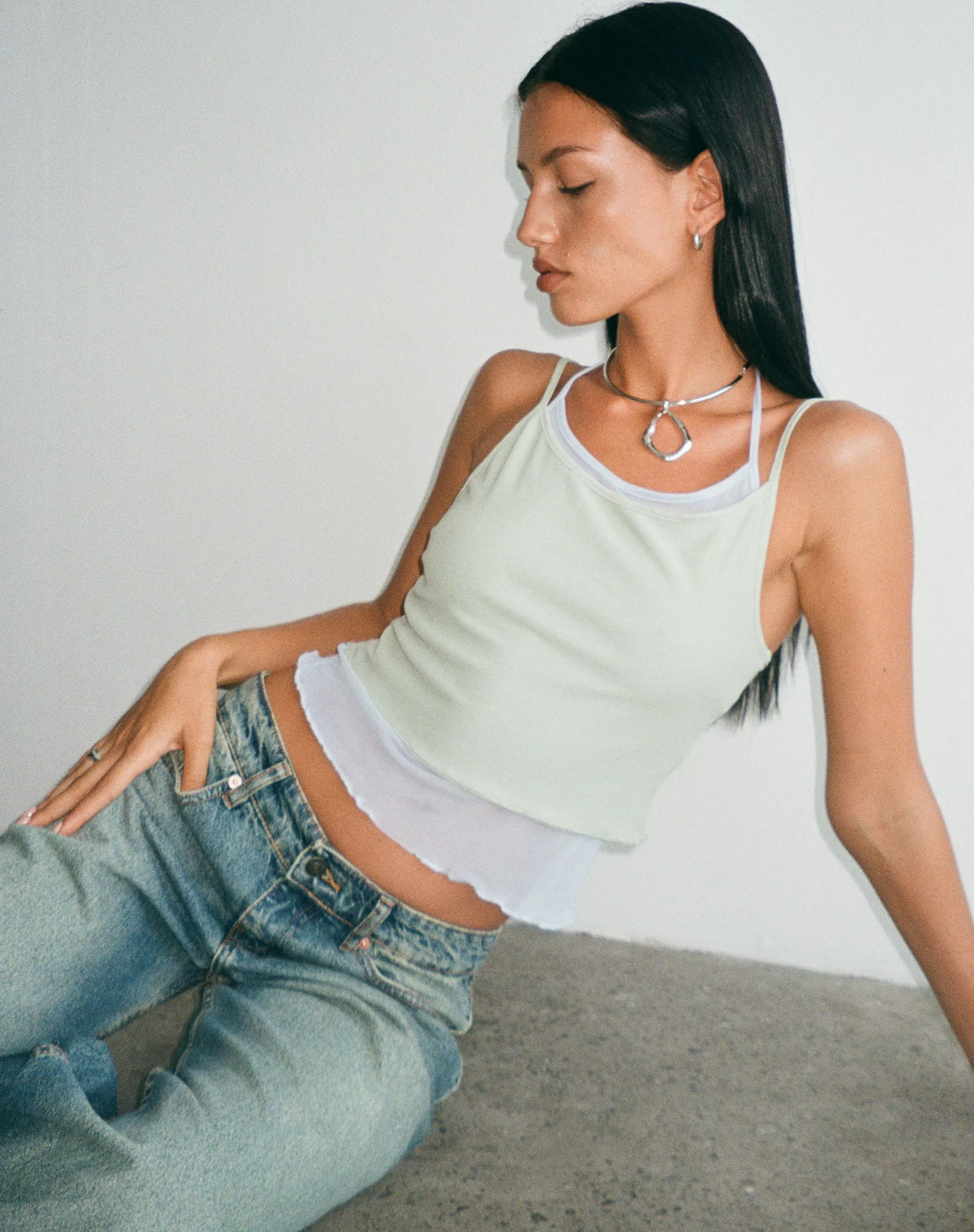 Cheap Sapphi Double Layered Cami Top In Frost Blue And Sage Green VEST TOPS