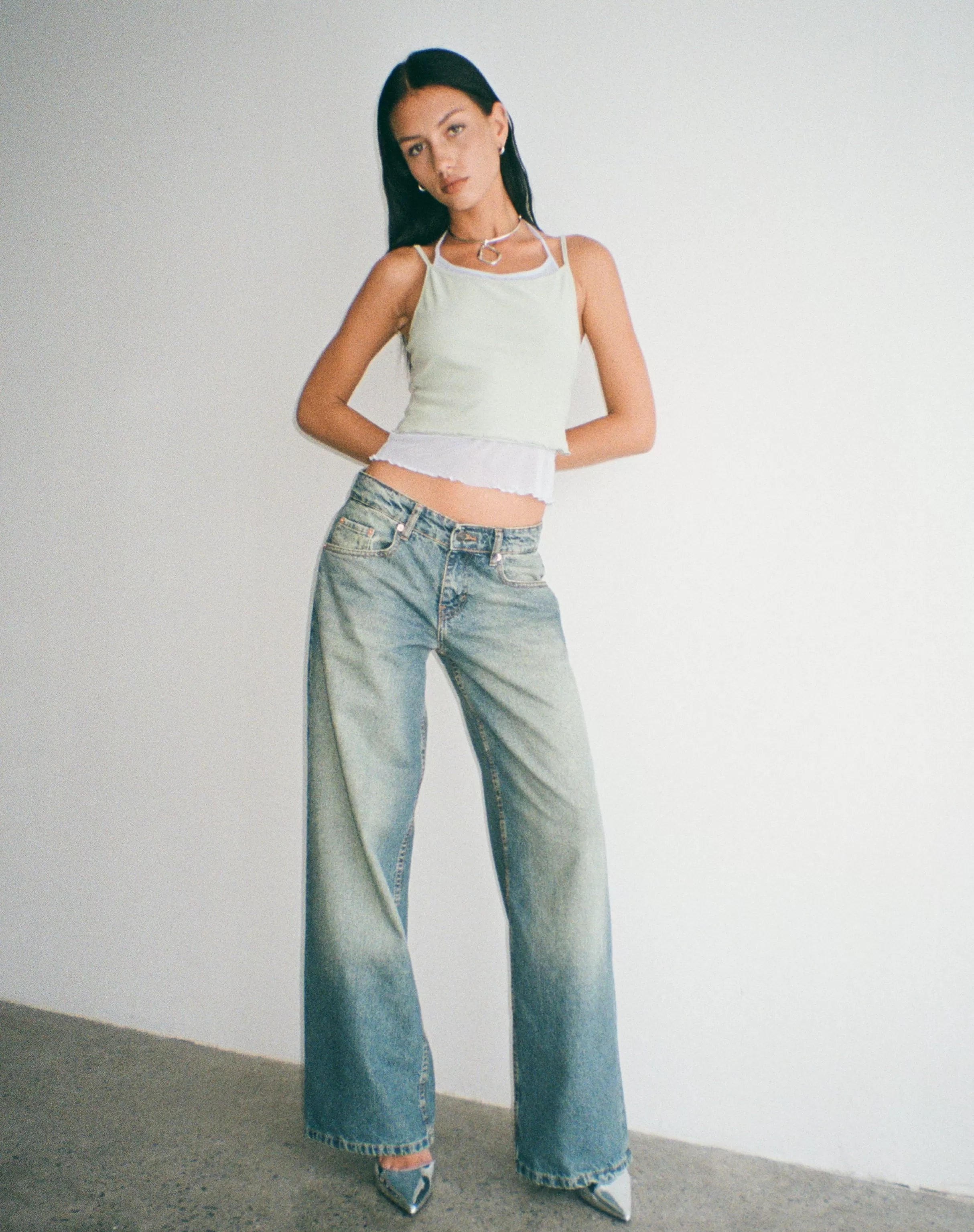 Cheap Sapphi Double Layered Cami Top In Frost Blue And Sage Green VEST TOPS