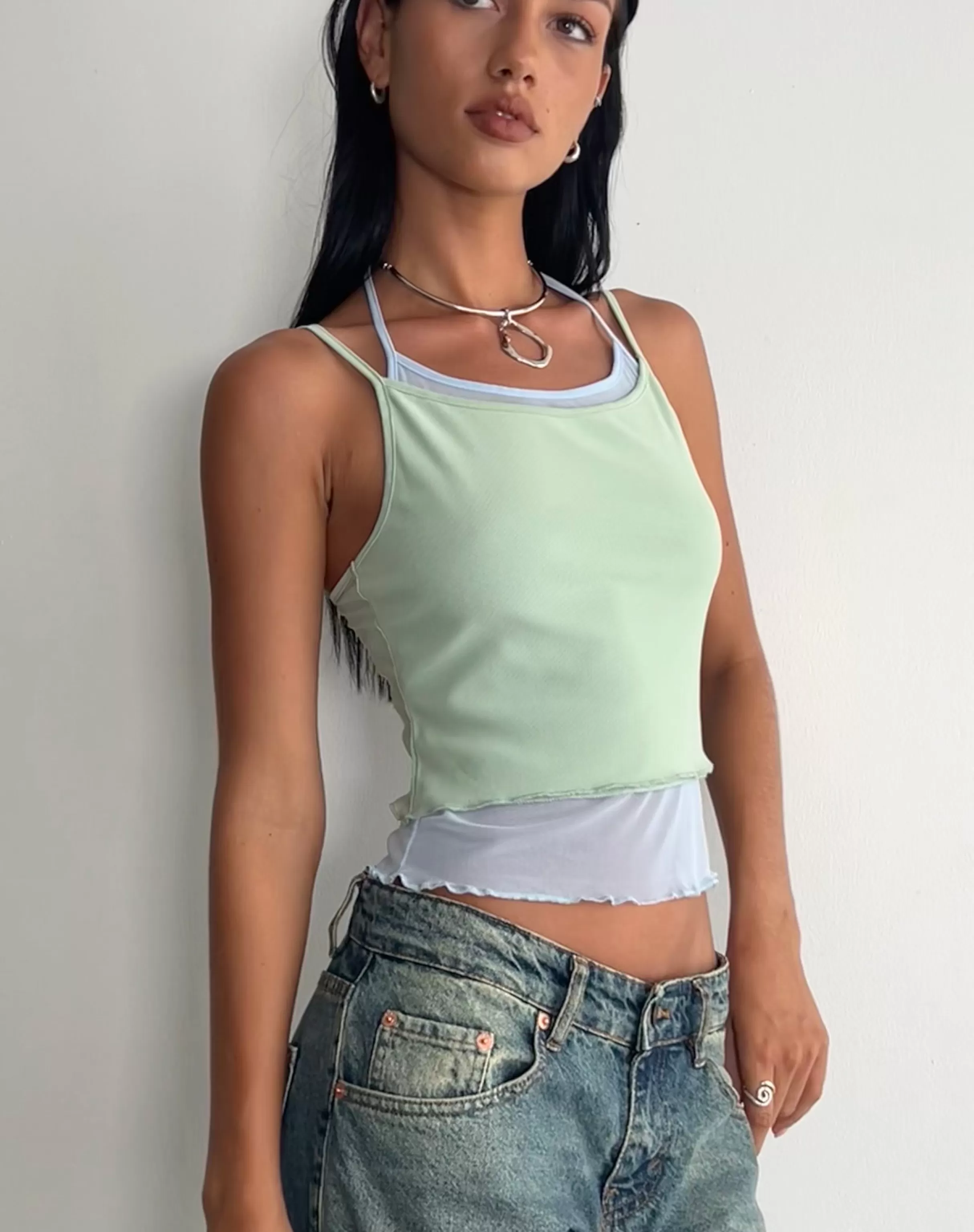 Cheap Sapphi Double Layered Cami Top In Frost Blue And Sage Green VEST TOPS