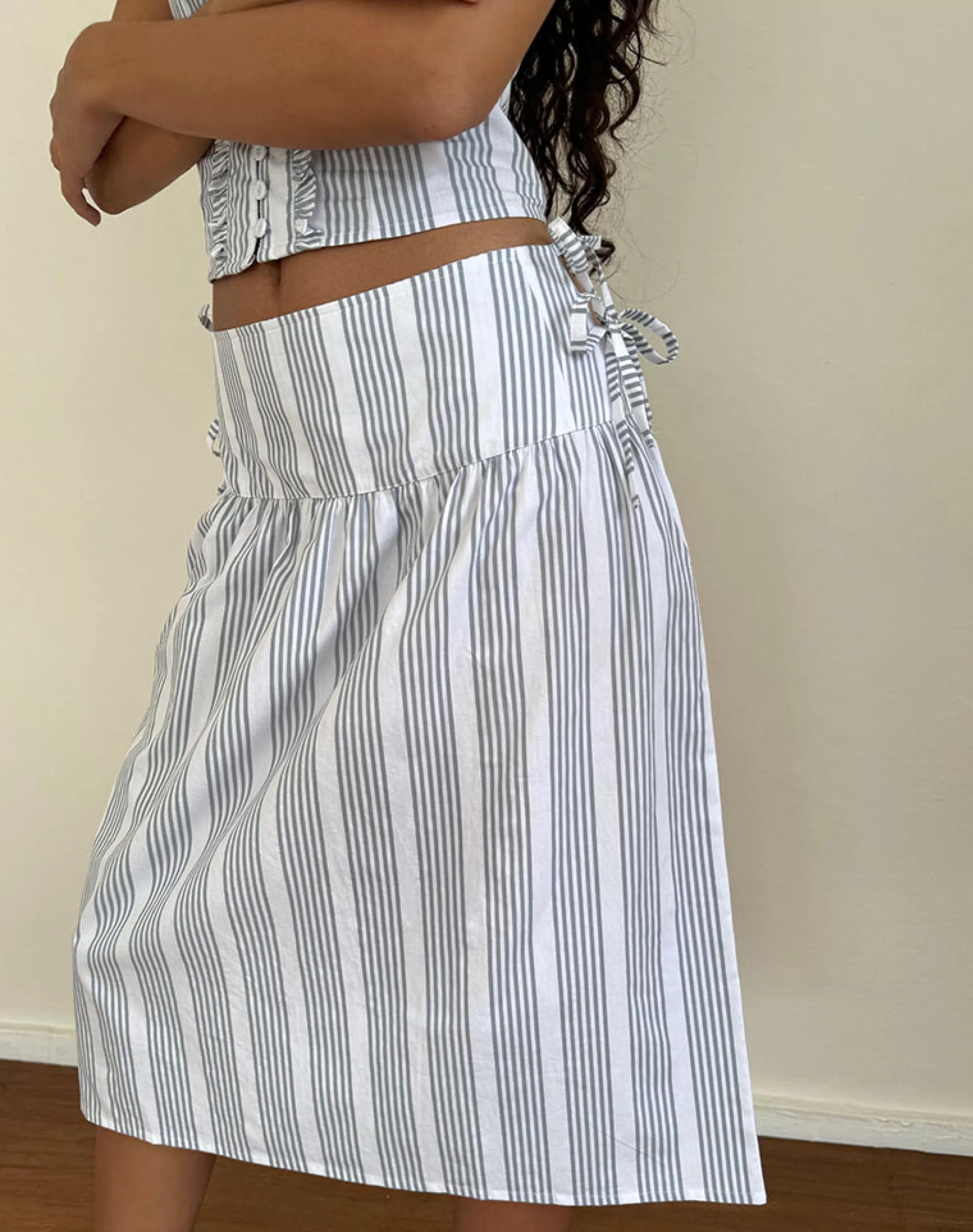 Hot Sasay Midi Skirt In Vertical Grey Stripe SWEET AS PIE | A LINE SKIRTS