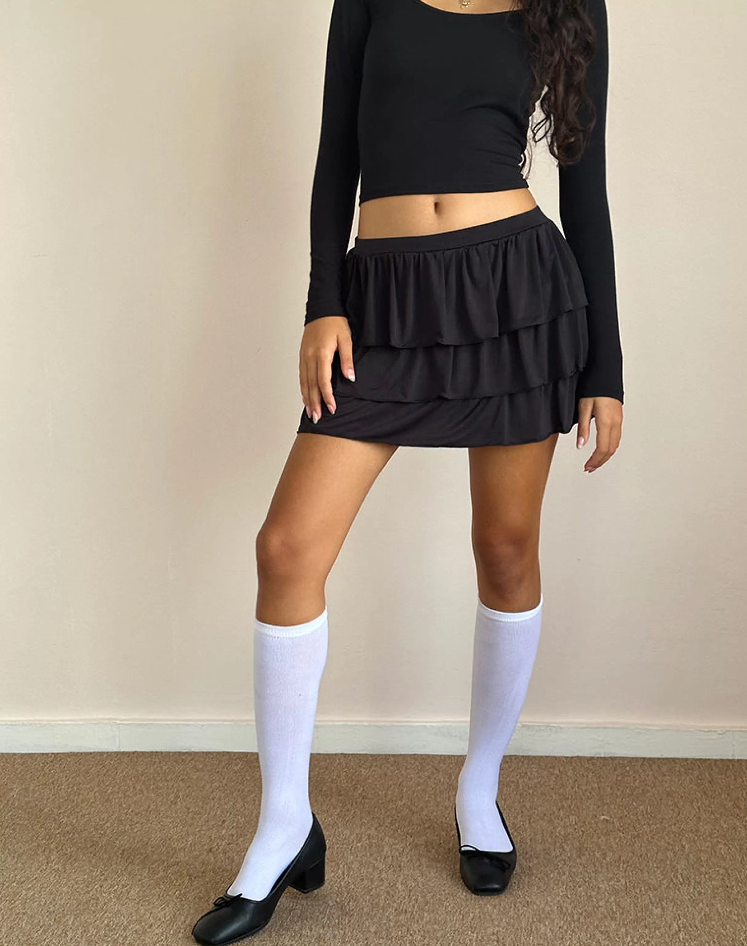 Hot Sefone Tiered Mini Skirt In Slinky Black A LINE SKIRTS | BODYCON SKIRTS