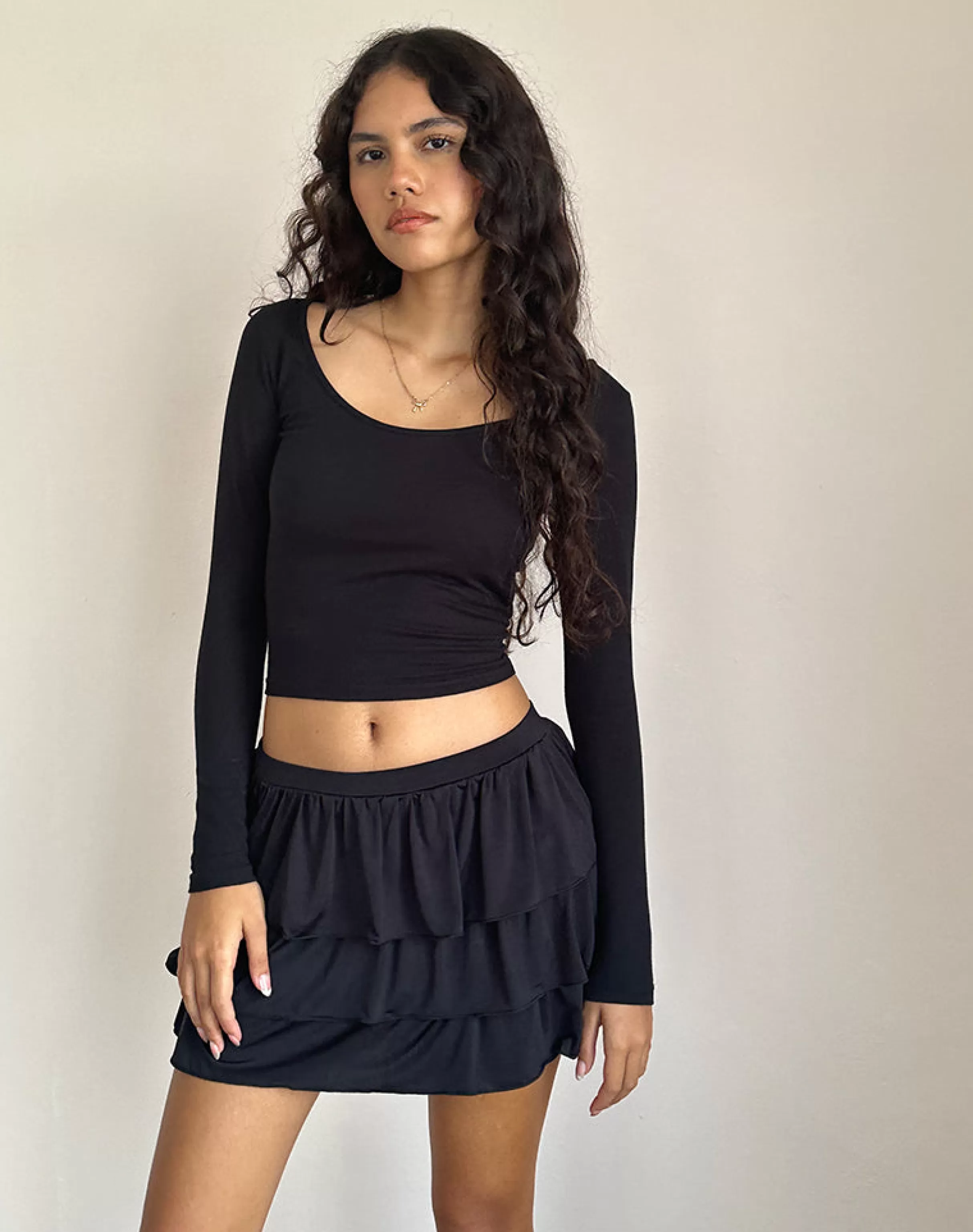 Hot Sefone Tiered Mini Skirt In Slinky Black A LINE SKIRTS | BODYCON SKIRTS
