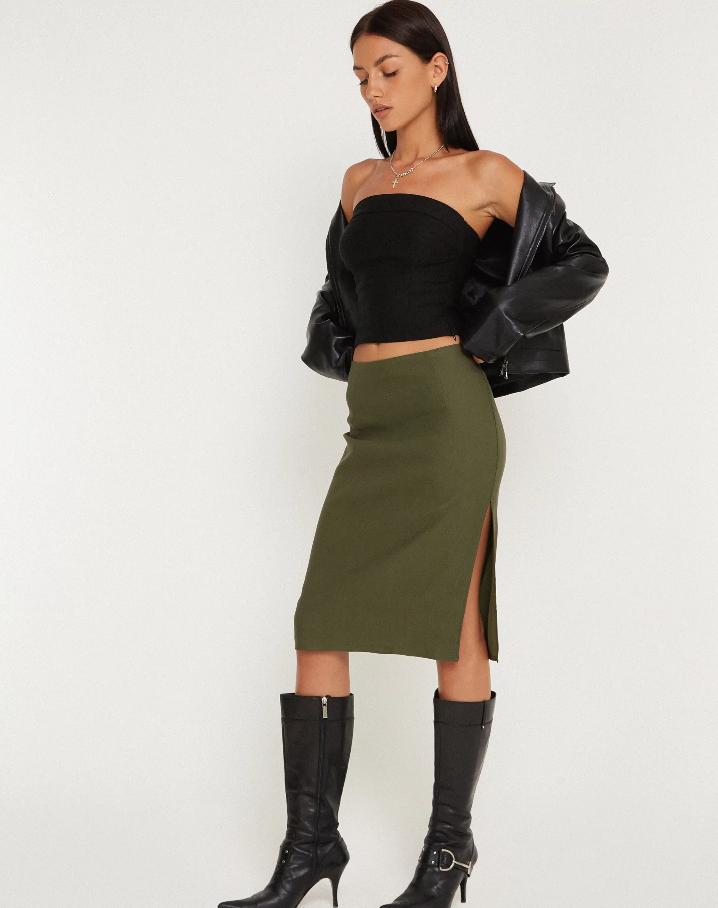 Hot Sekoji Side Slit Midi Skirt In Khaki SALE SKIRTS