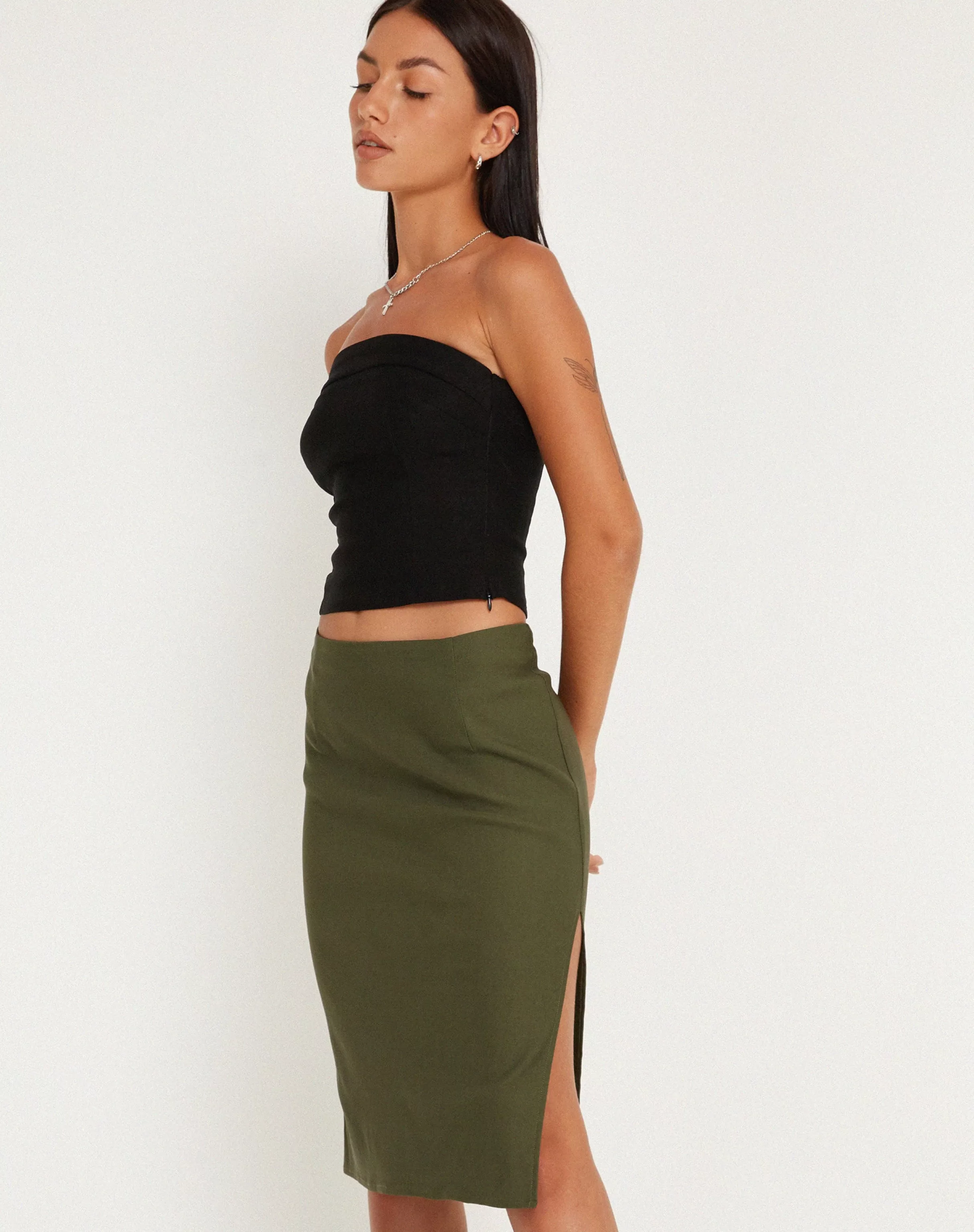Hot Sekoji Side Slit Midi Skirt In Khaki SALE SKIRTS