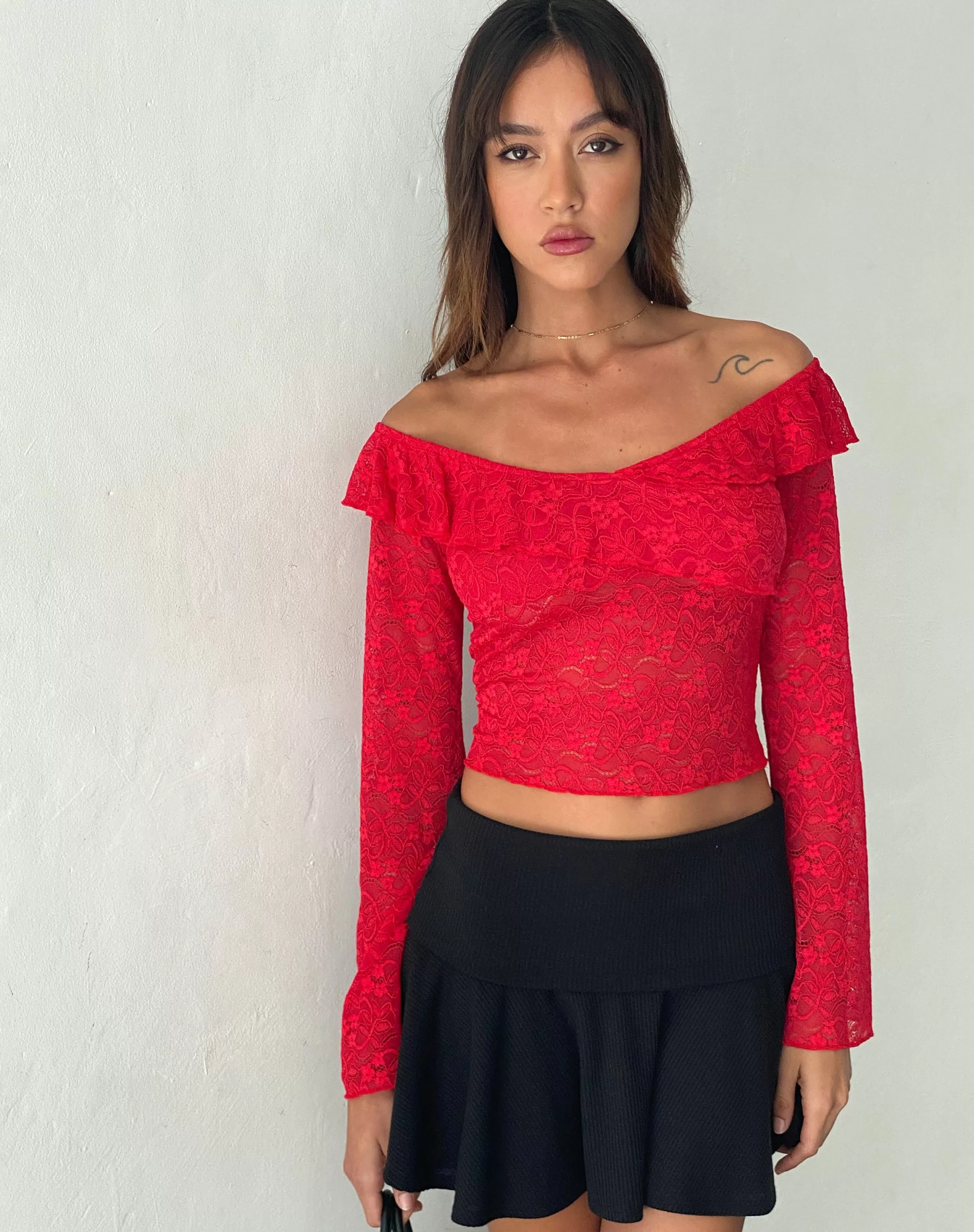 Discount Soka Bardot Frill Top In Red Lace SALE TOPS | LACE TOPS