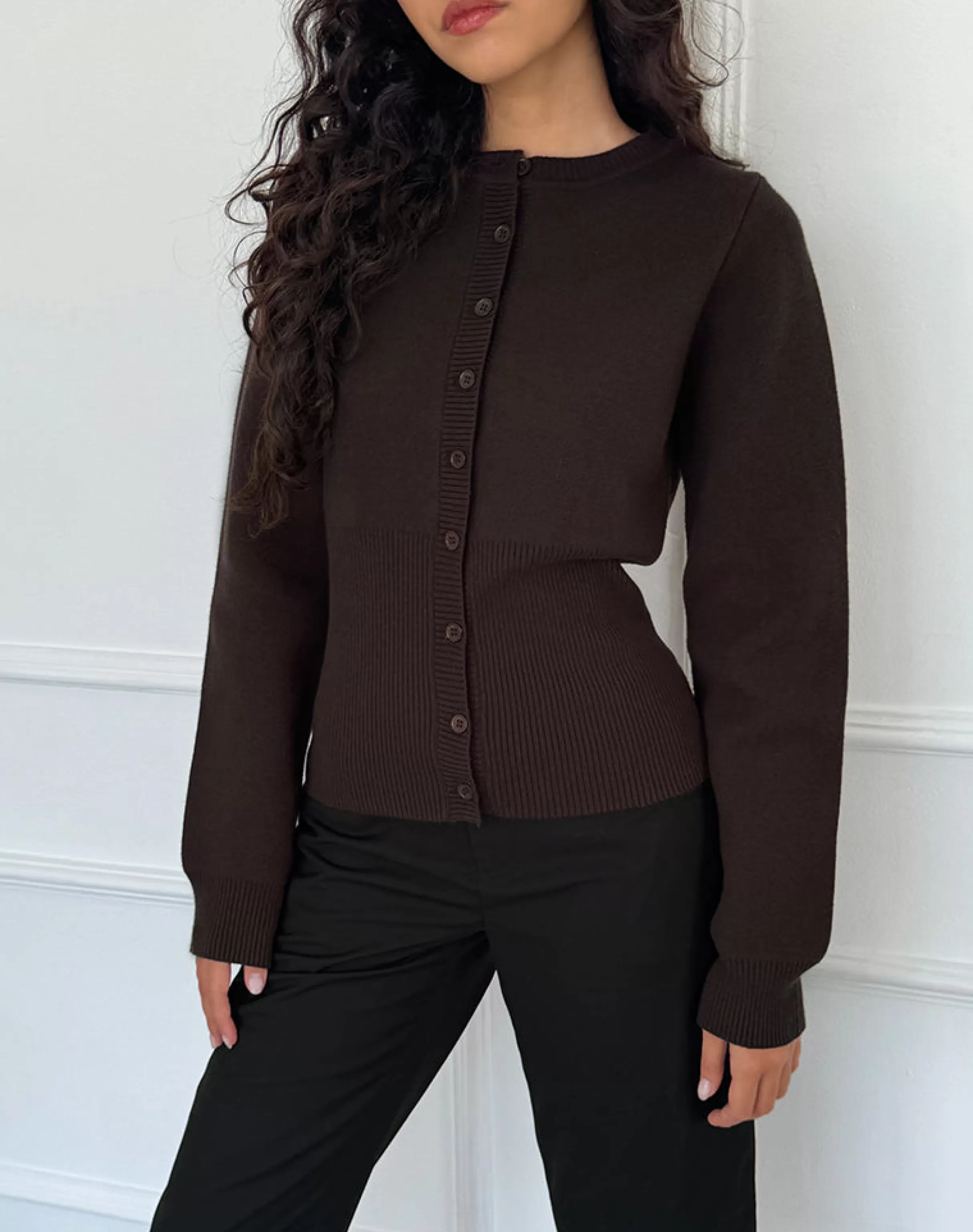 Clearance Subra Long Sleeve Ribbed Hem Cardi In Bitter Chocolate CARDIGANS | LONG SLEEVE TOPS