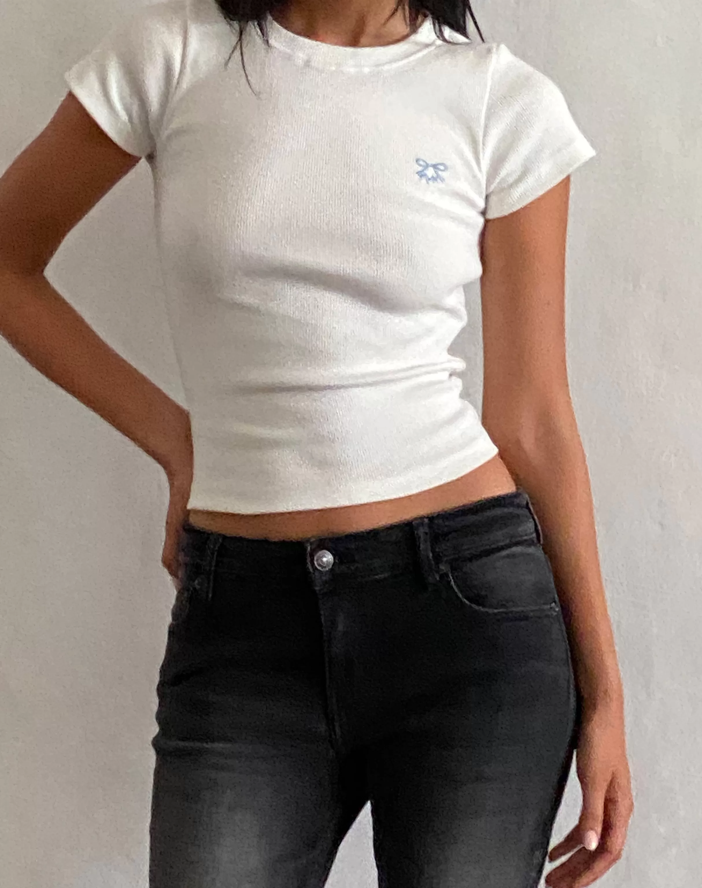 Flash Sale Suti Ribbed Baby Tee In Off White With Blue Bow M Embroidery TEES