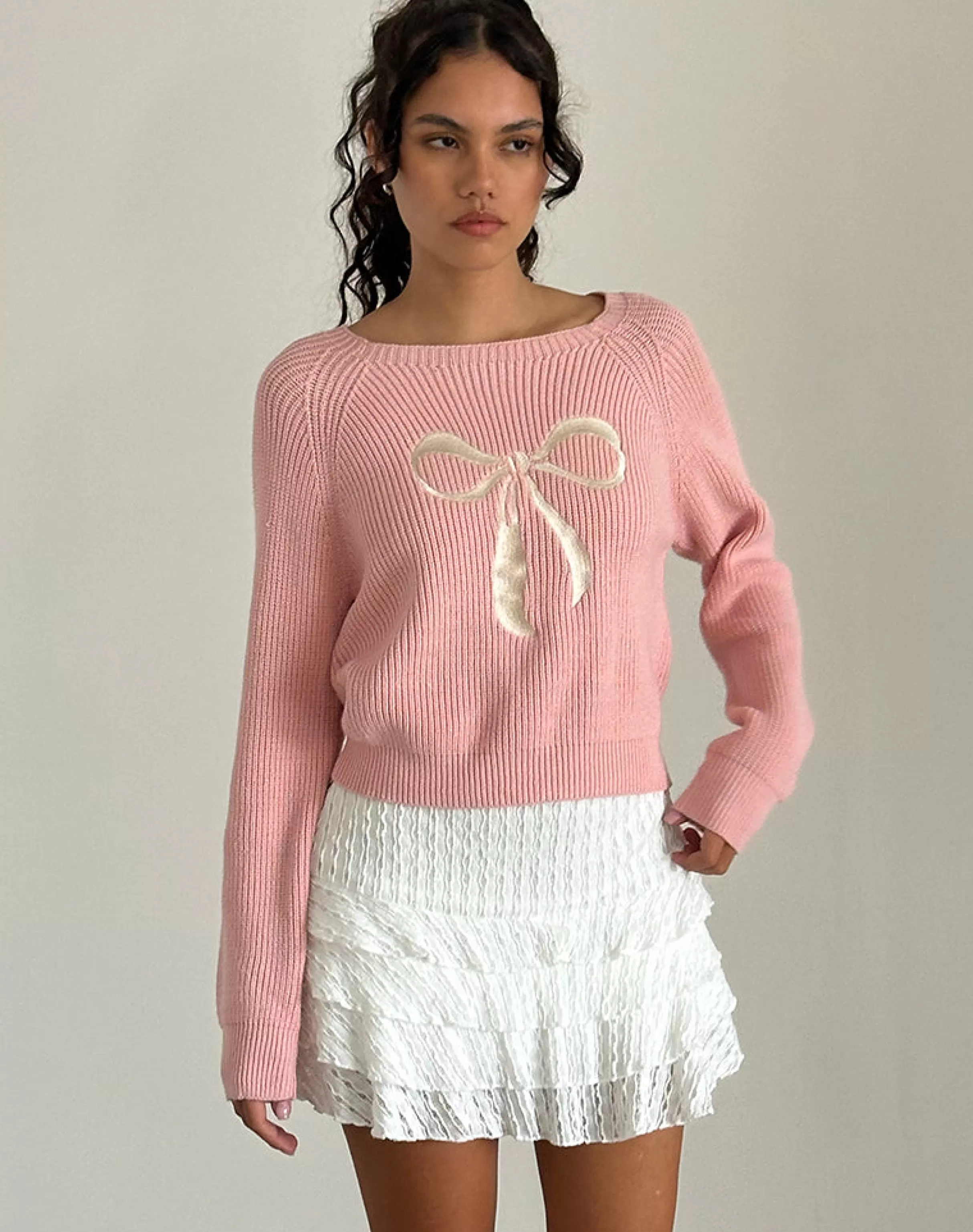 Cheap Tami Jumper In Knit Pink With White Bow Embroidery JUMPERS
