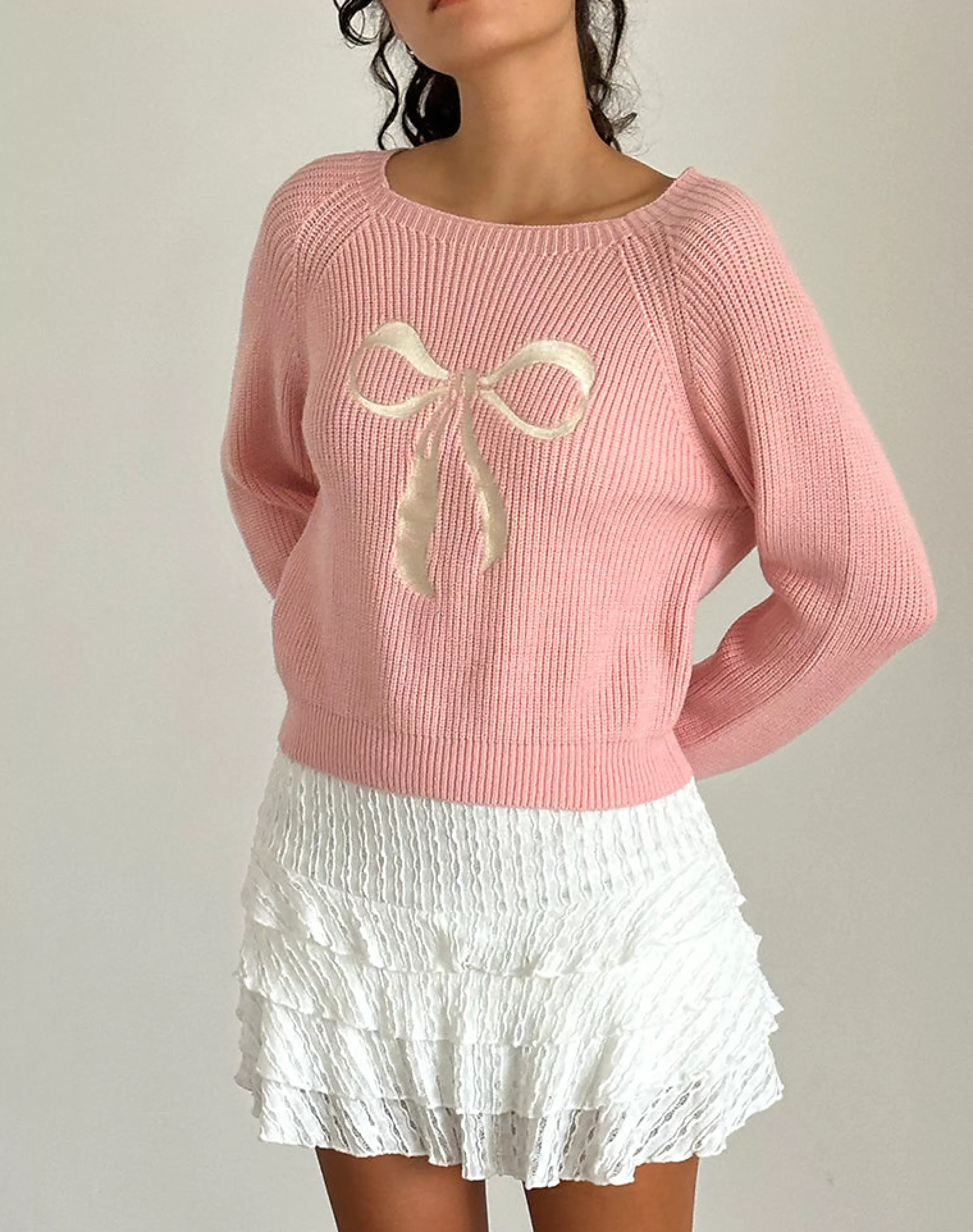 Cheap Tami Jumper In Knit Pink With White Bow Embroidery JUMPERS