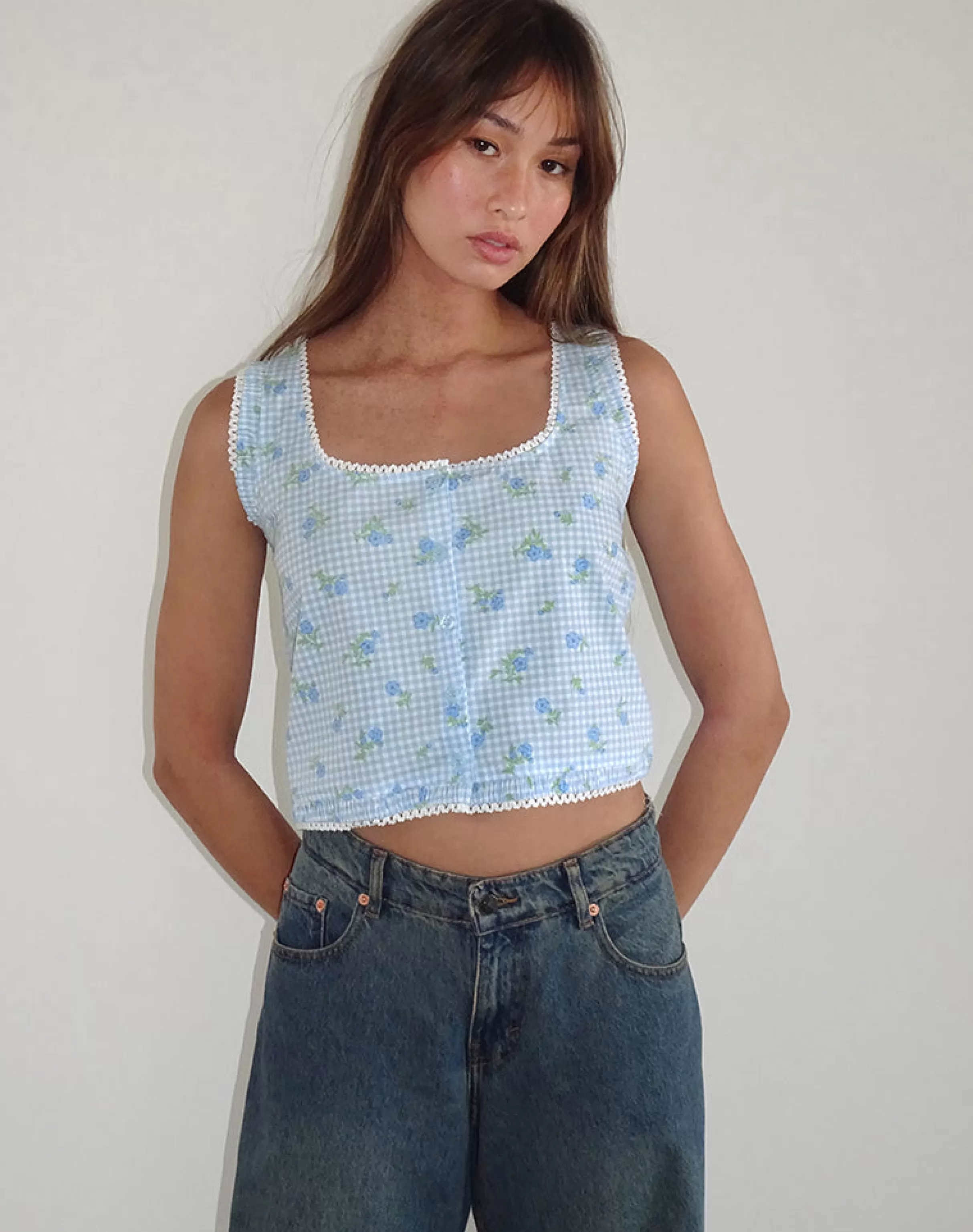 Sale Ternya Top In Blue Flower Gingham STRAWBERRY GIRL | GOING OUT TOPS