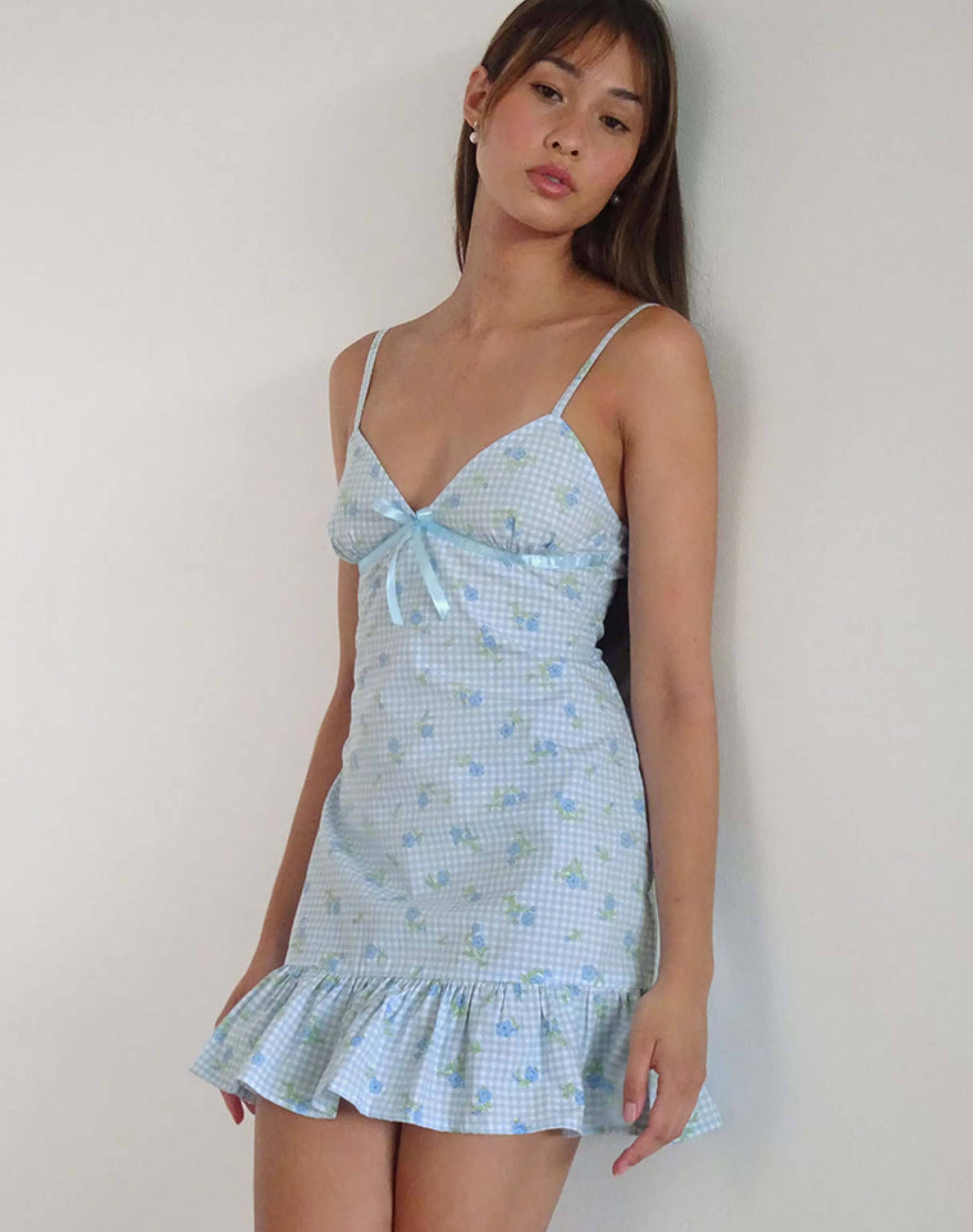 Discount Tivata Mini Dress In Blue Flower Gingham STRAWBERRY GIRL | SUMMER DRESSES